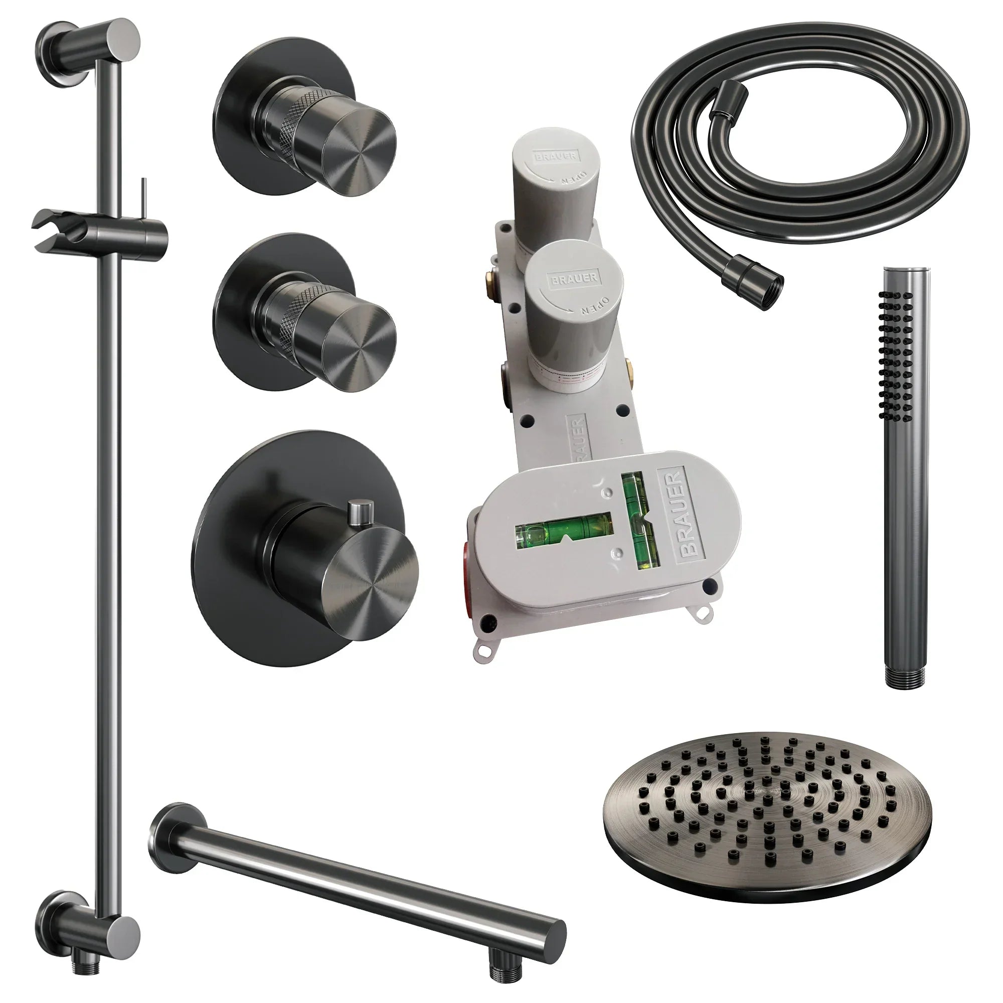Brauer Edition thermostatische inbouw doucheset - Geborsteld Gunmetal PVD - hoofddouche 20cm - wandarm - staafhanddouche - Glijstang