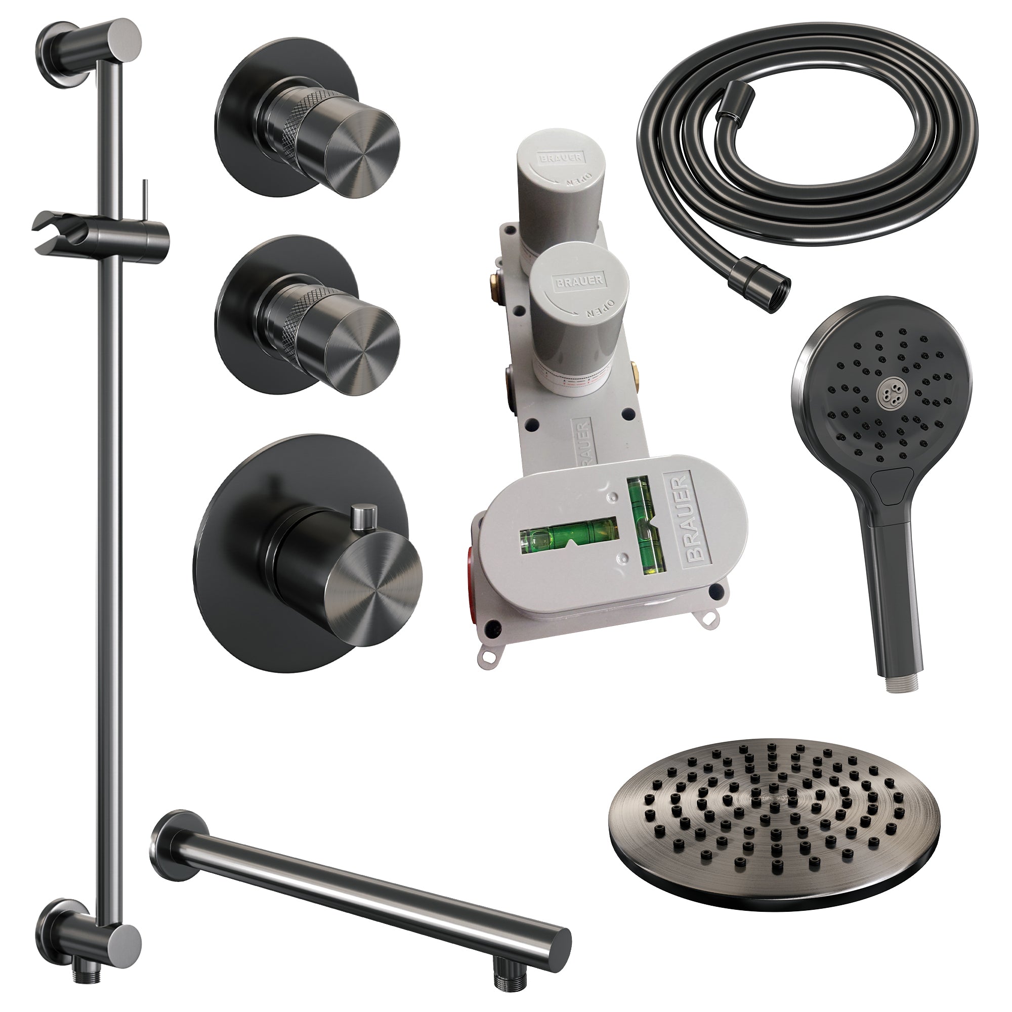 Brauer Edition thermostatische inbouw doucheset - Geborsteld Gunmetal PVD - hoofddouche 20cm - wandarm - ronde handdouche - Glijstang