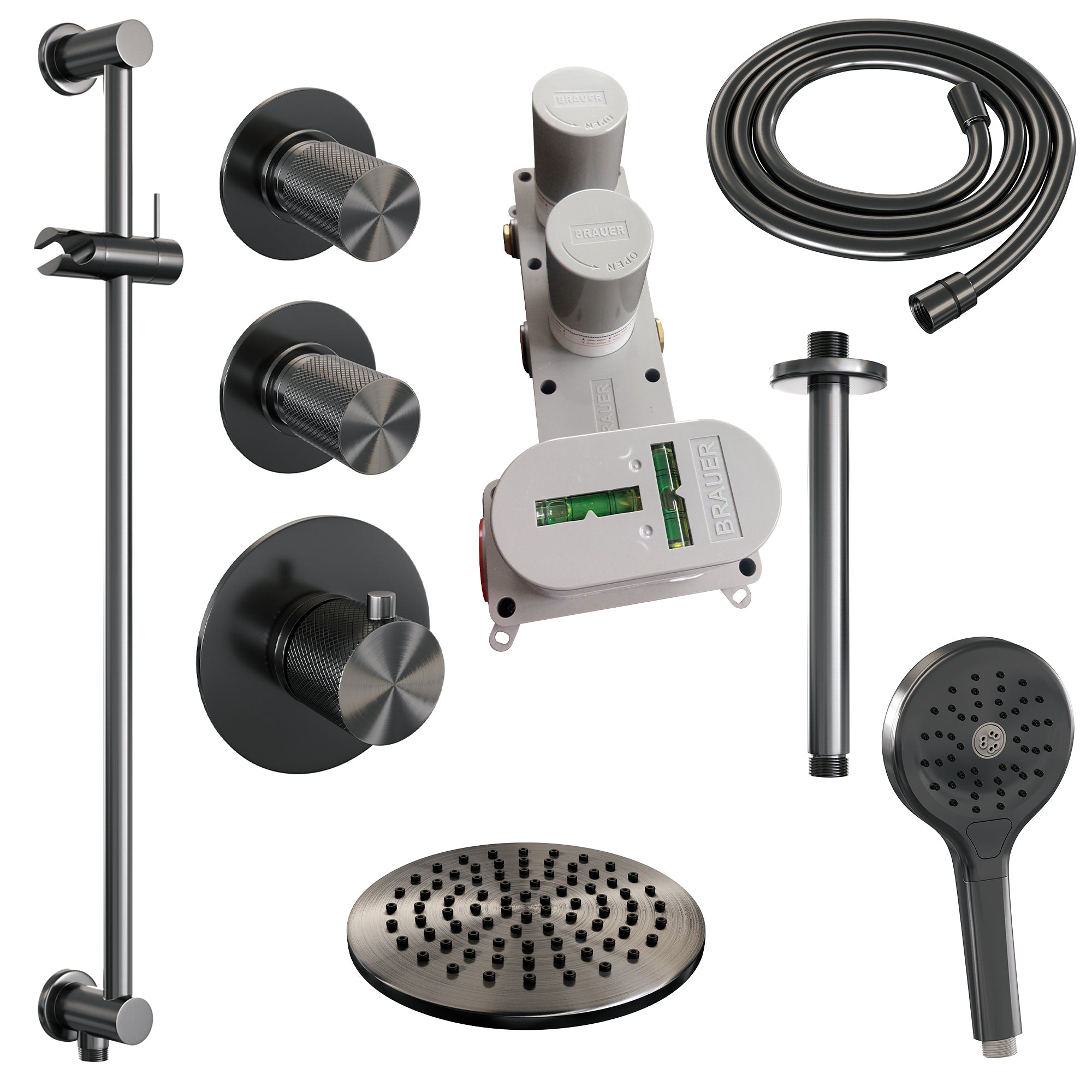 Brauer Carving thermostatische inbouw doucheset - hoofddouche 20cm - plafondbuis - 3 standen handdouche rond - Glijstang - Geborsteld Gunmetal PVD