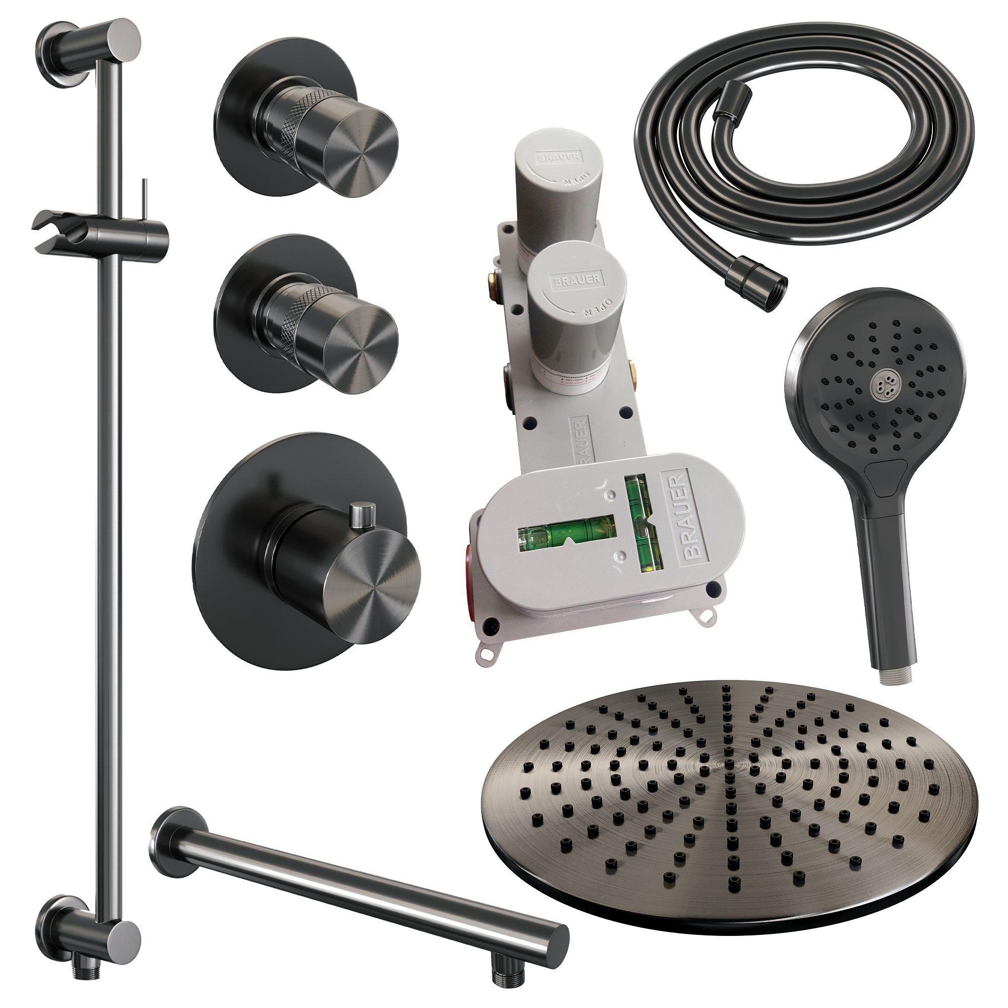 Brauer Edition thermostatische inbouw doucheset - Geborsteld Gunmetal PVD - hoofddouche 30cm - wandarm - ronde handdouche - Glijstang