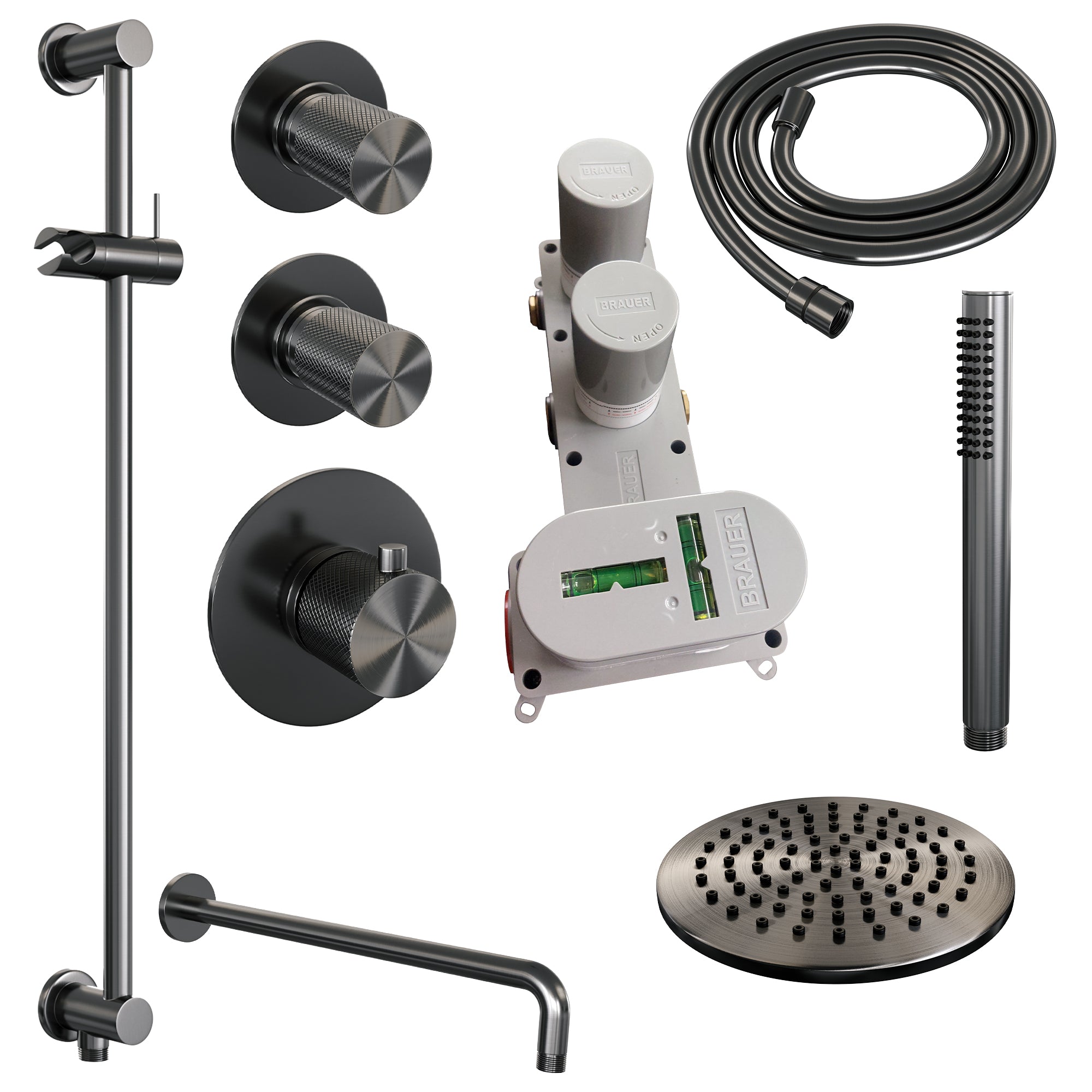 Brauer Carving thermostatische inbouw doucheset - hoofddouche 20cm - gebogen wandarm - staafhanddouche - Glijstang - Geborsteld Gunmetal PVD