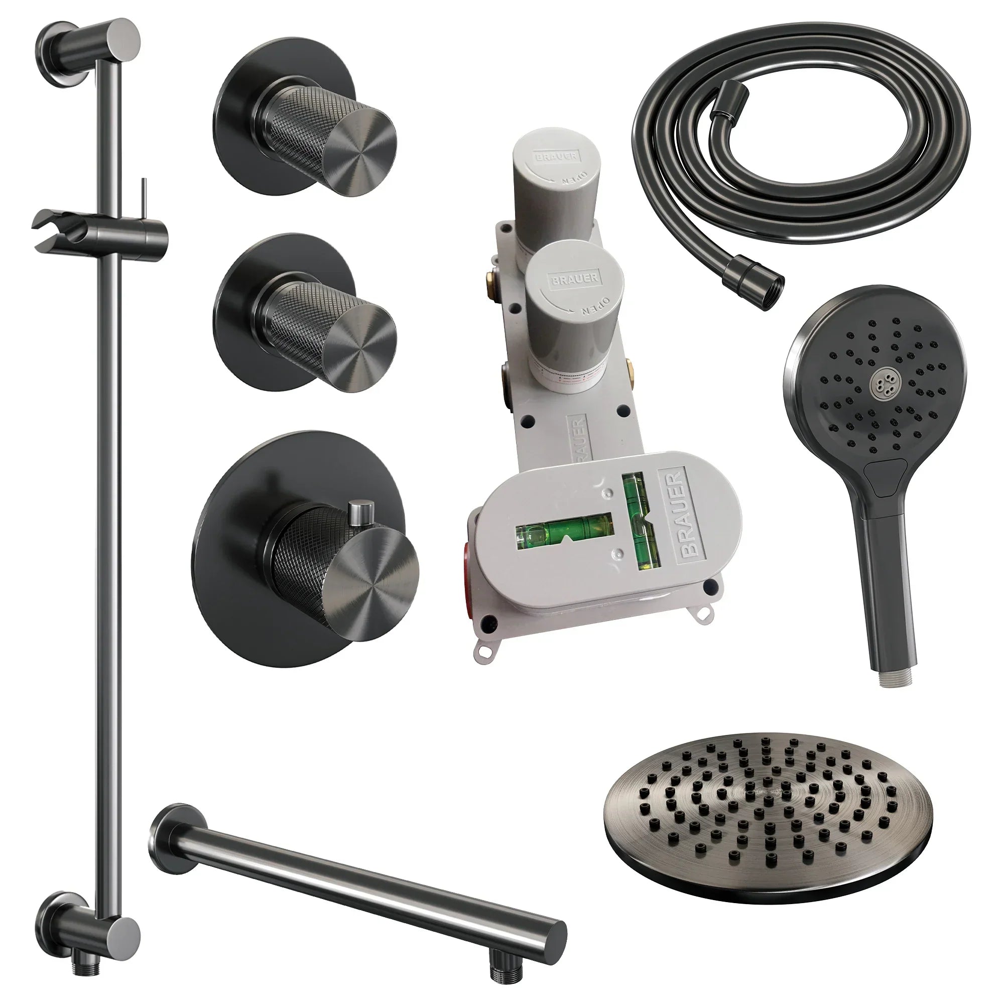 Brauer Carving thermostatische inbouw doucheset - hoofddouche 20cm - rechte wandarm - 3 standen handdouche rond - Glijstang - Geborsteld Gunmetal PVD