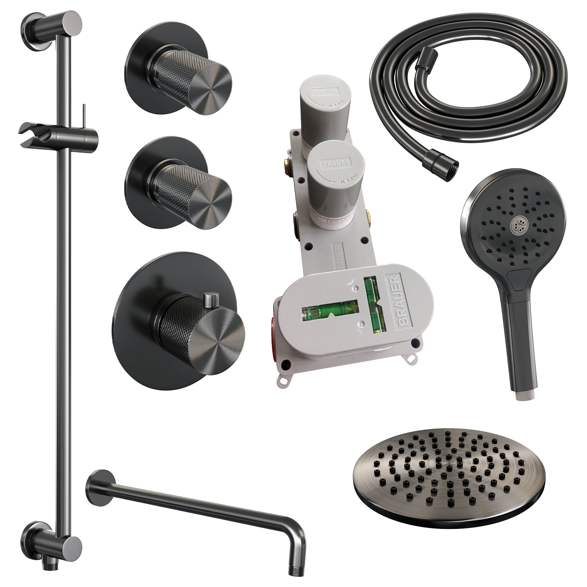 Brauer Carving thermostatische inbouw doucheset - hoofddouche 20cm - gebogen wandarm - 3 standen handdouche rond - Glijstang - Geborsteld Gunmetal PVD