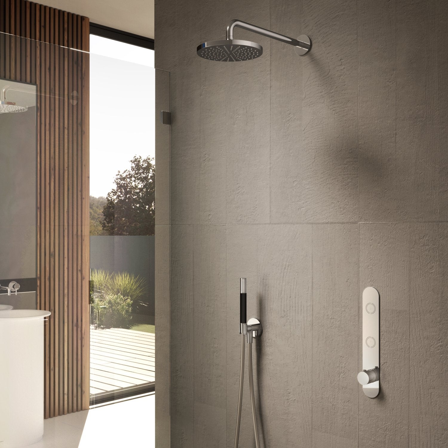 Hotbath Cobber IBS24 inbouw doucheset - ronde 3 standen handdouche - 30cm hoofddouche - plafondbuis 15cm - wandsteun - Geborsteld Nikkel