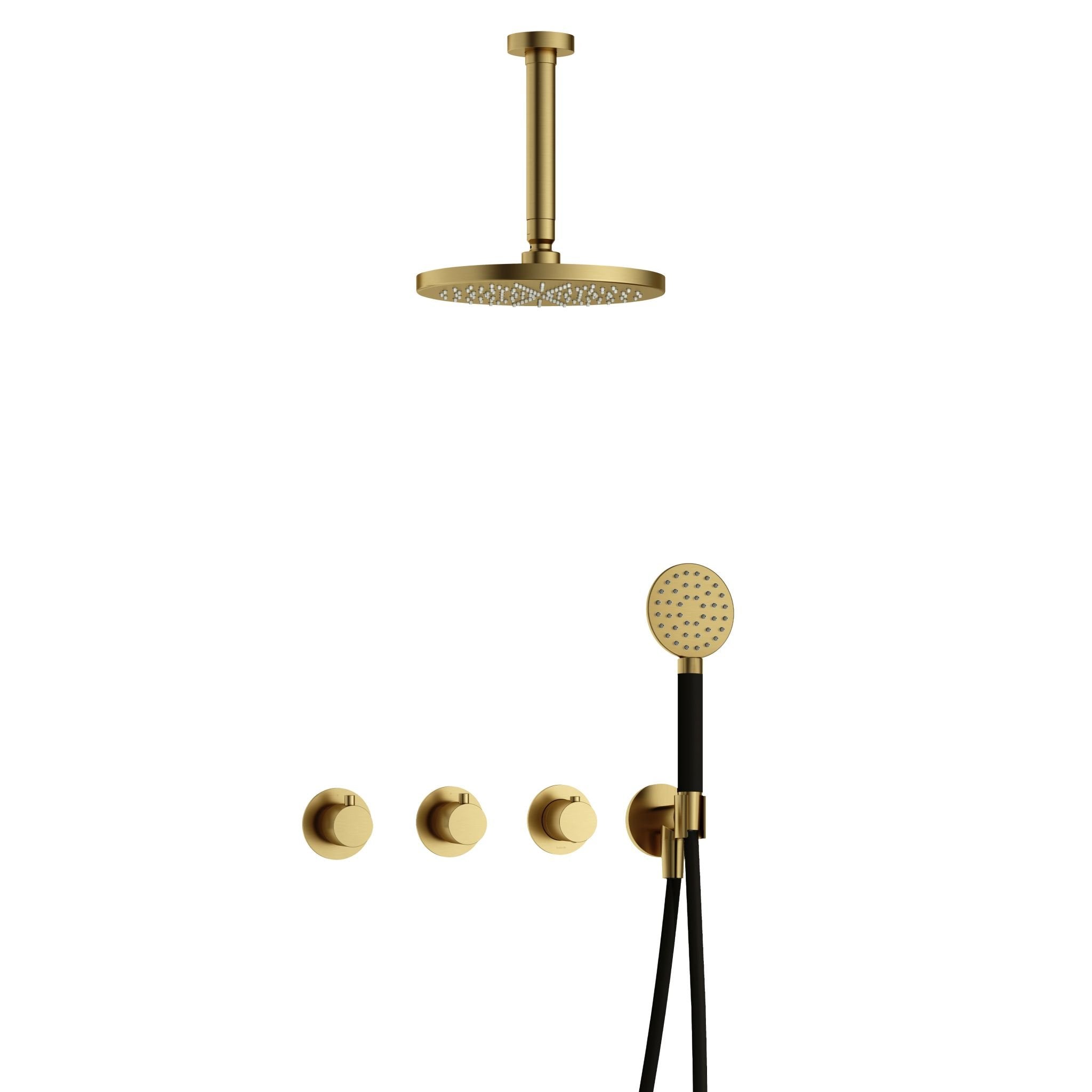 Hotbath Cobber IBS70 inbouw doucheset - ronde handdouche - 20cm hoofddouche - 15cm plafondbuis - wandhouder - Geborsteld Messing PVD