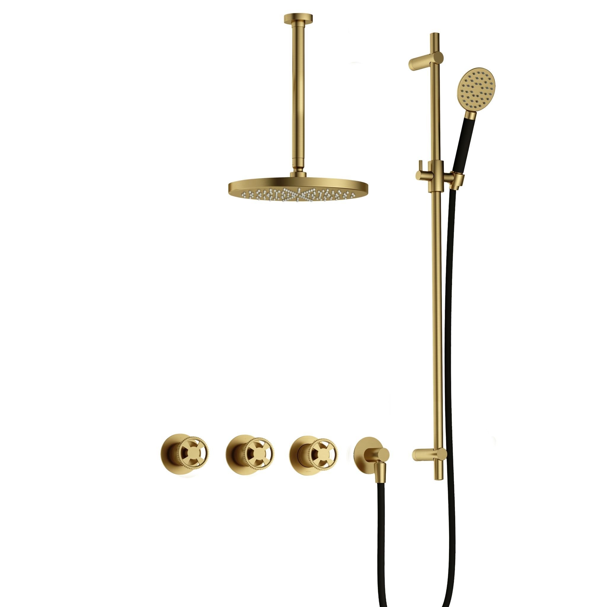 Hotbath Cobber @work IBSW70 inbouw doucheset met 2 stopkranen met plafondbuis 30 cm en glijstang - Geborsteld Messing PVD