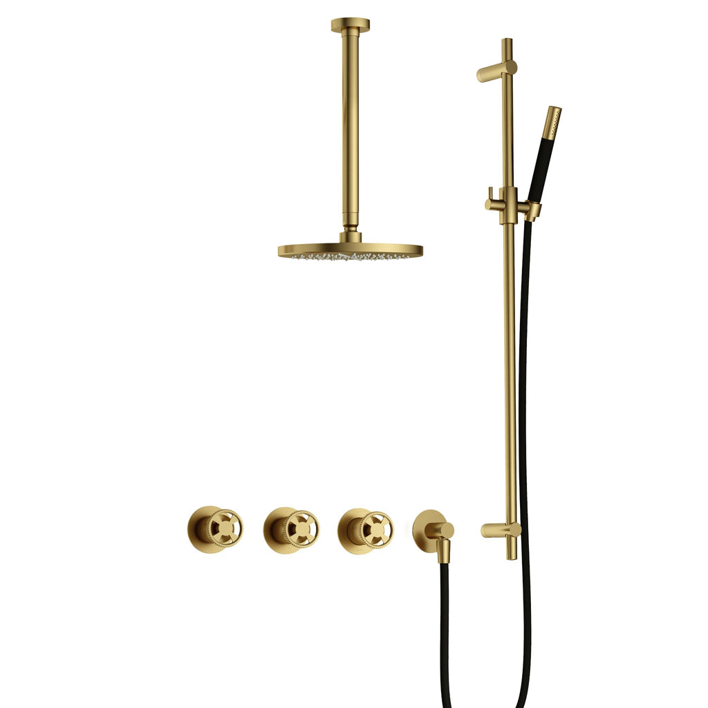 Hotbath Cobber @work IBSW70 inbouw doucheset met 2 stopkranen met plafondbuis 30 cm en glijstang - Geborsteld Messing PVD