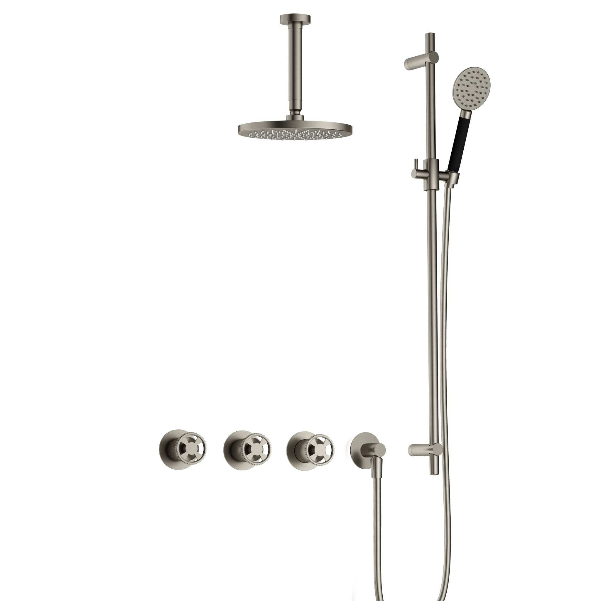 Hotbath Cobber @work IBSW70 inbouw doucheset met 2 stopkranen met ronde handdouche, plafondbuis 15 cm en glijstang - Geborsteld Nikkel
