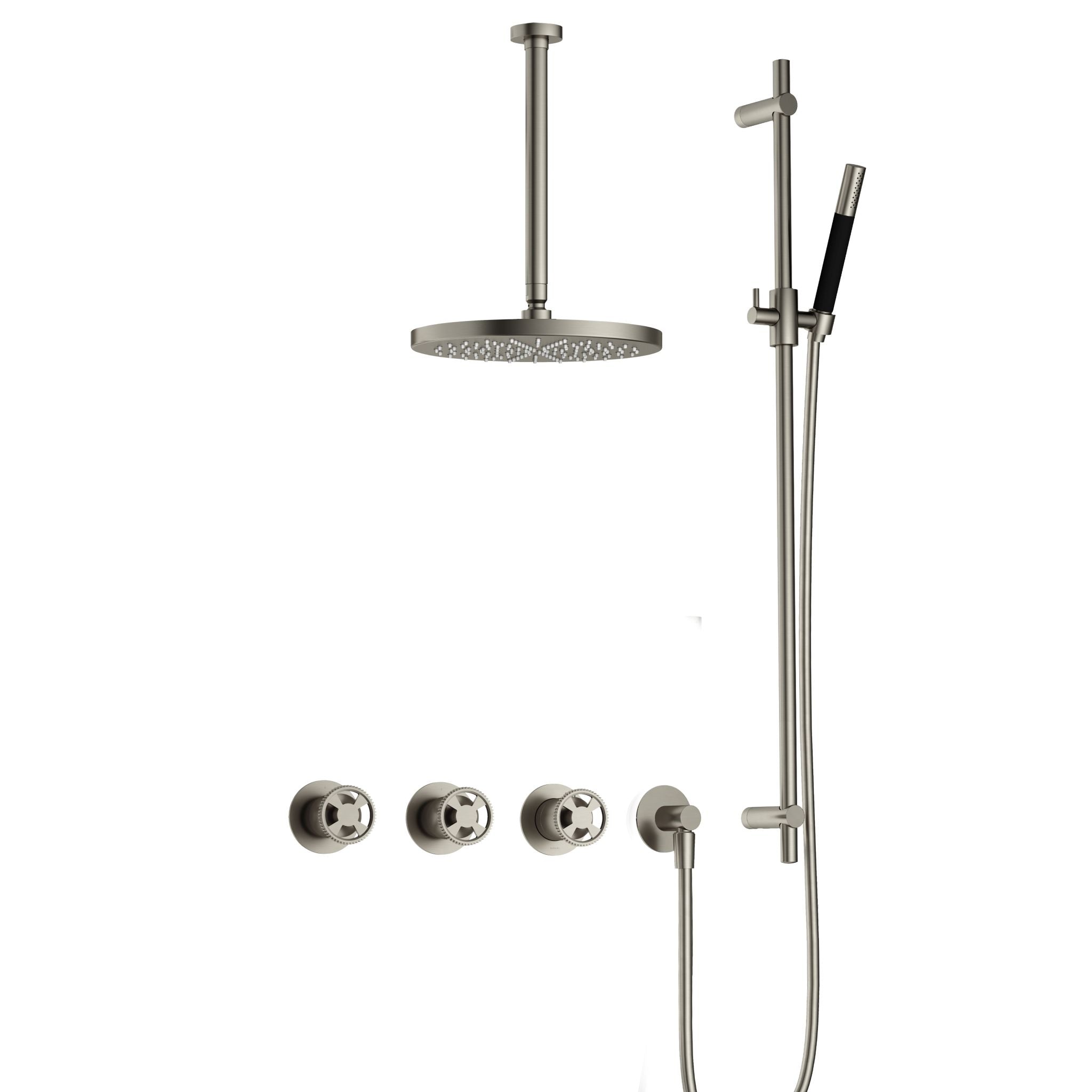 Hotbath Cobber @work IBSW70 inbouw doucheset met 2 stopkranen met plafondbuis 30 cm, m106 en glijstang - Geborsteld Nikkel