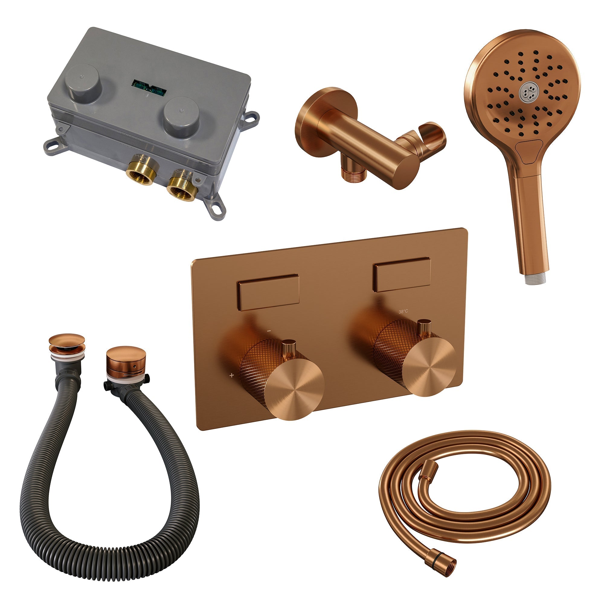 Brauer Carving inbouw badthermostaat - drukknoppen - badafvoer/vulcombinatie - 3-standen handdouche - Geborsteld Koper PVD