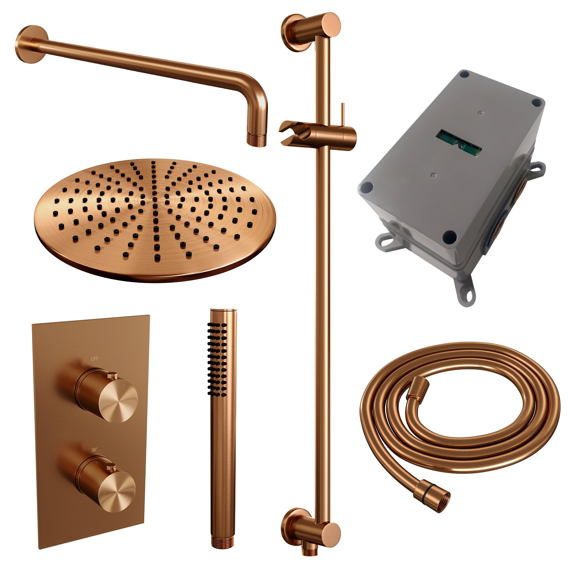 Brauer Edition inbouwset met 3-weg thermostaat - hoofddouche 30cm - gebogen wandarm 40cm - staafhanddouche - wandaansluiting - Geborsteld Koper PVD