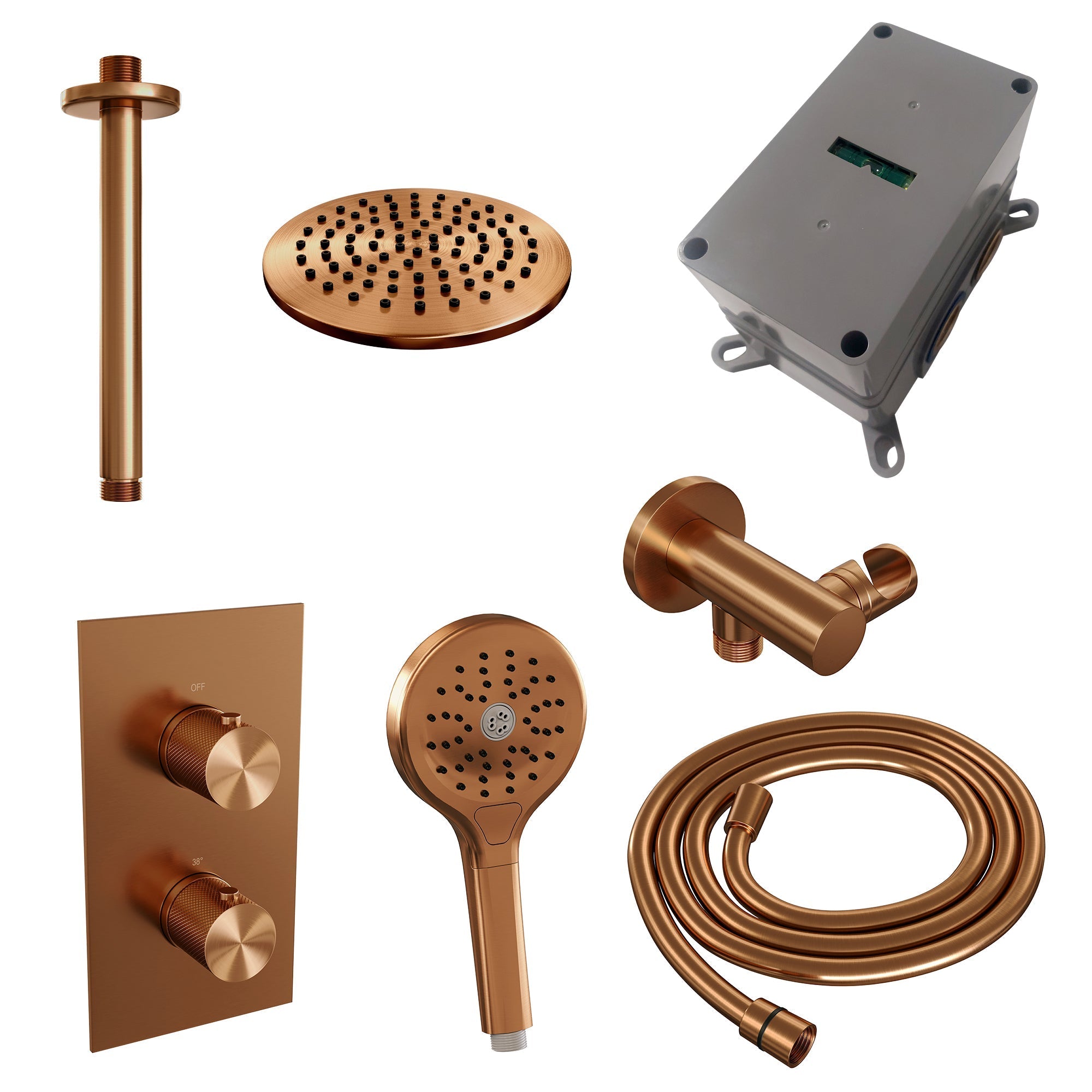 Brauer Carving inbouwset met 3-weg thermostaat - hoofddouche 20cm - plafondbuis 20cm - ronde 3-standen handdouche - wandaansluiting - Geborsteld Koper PVD