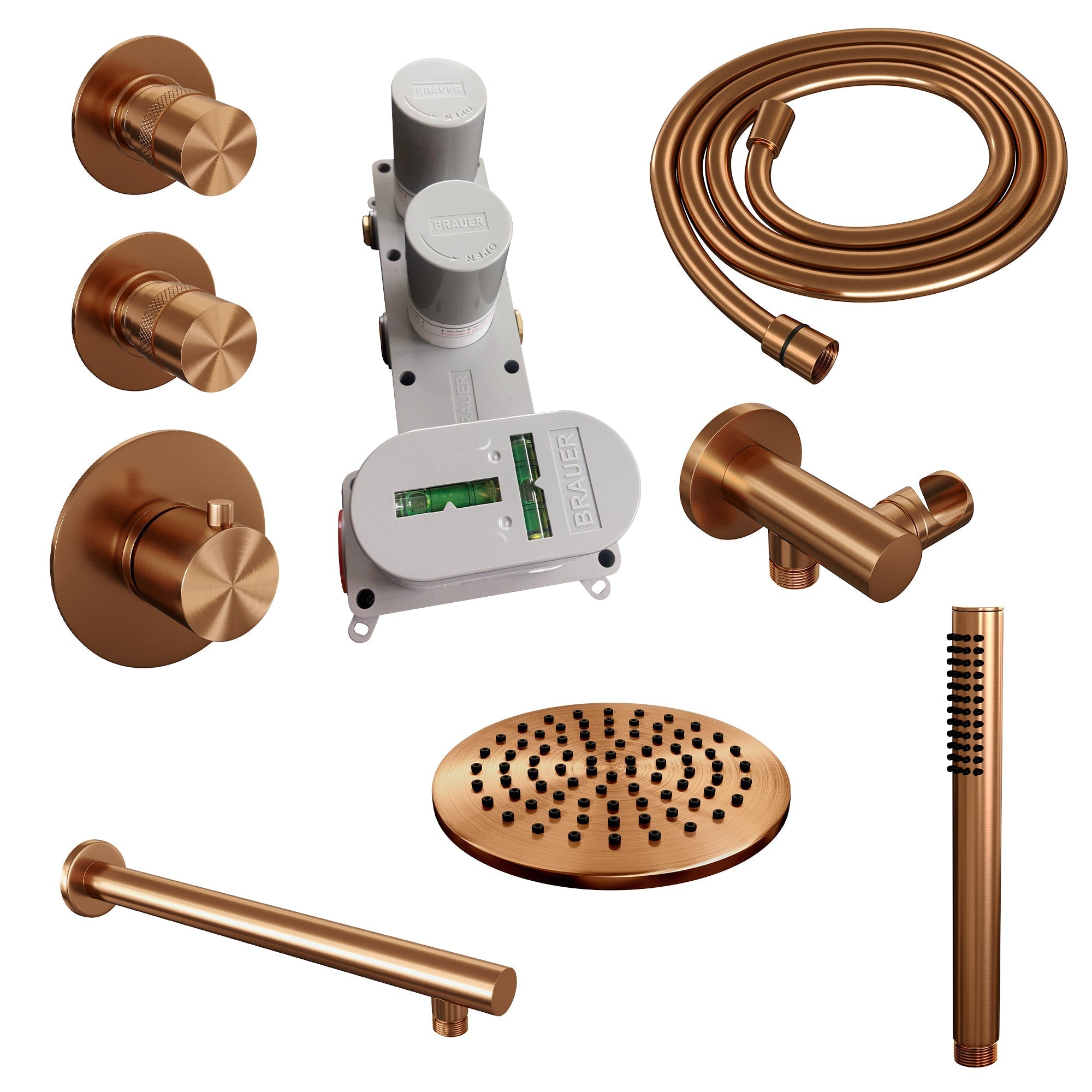 Brauer Edition thermostatische inbouw doucheset - Geborsteld Koper PVD - hoofddouche 20cm - wandarm - staafhanddouche