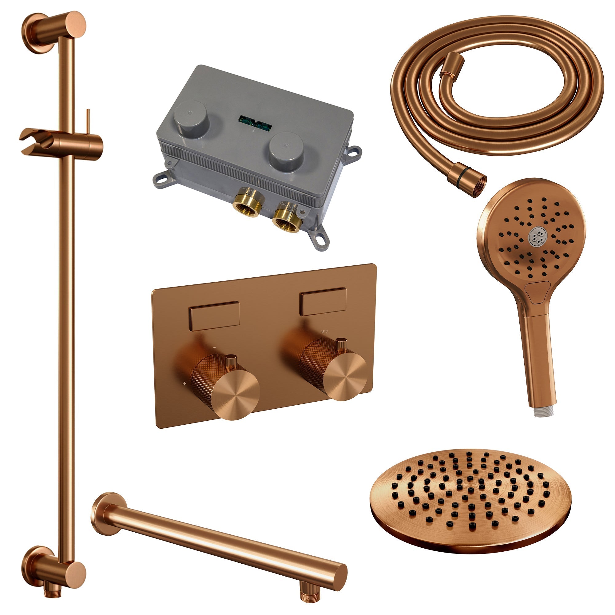 Brauer Carving inbouw doucheset - ronde handdouche - 20cm hoofdouche - rechte wandarm - glijstang - Geborsteld Koper PVD