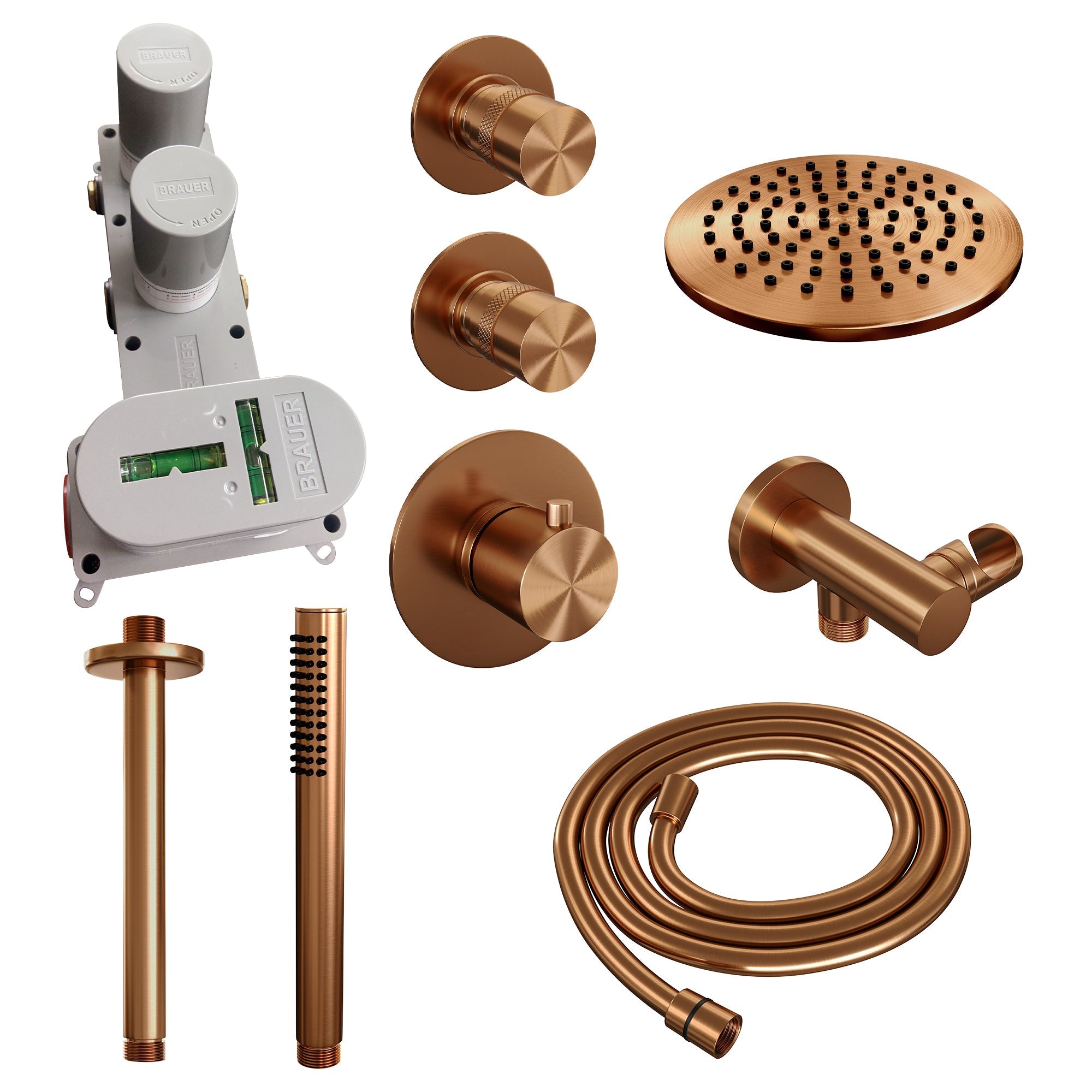Brauer Edition thermostatische inbouw doucheset - Geborsteld Koper PVD - hoofddouche 20cm - plafondsteun - staafhanddouche