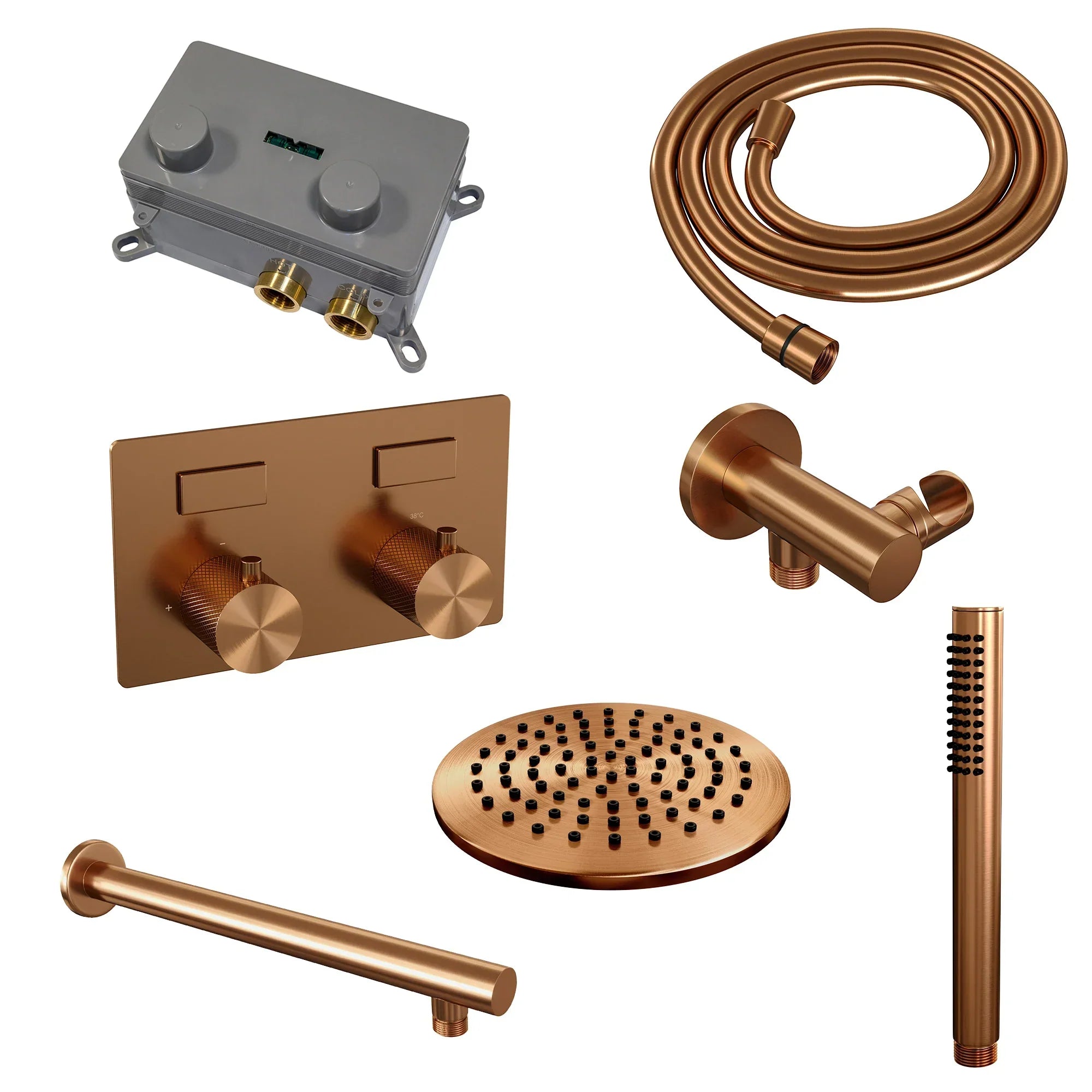 Brauer Carving inbouw doucheset - staafhanddouche - 20cm hoofdouche - rechte wandarm - wandsteun - Geborsteld Koper PVD