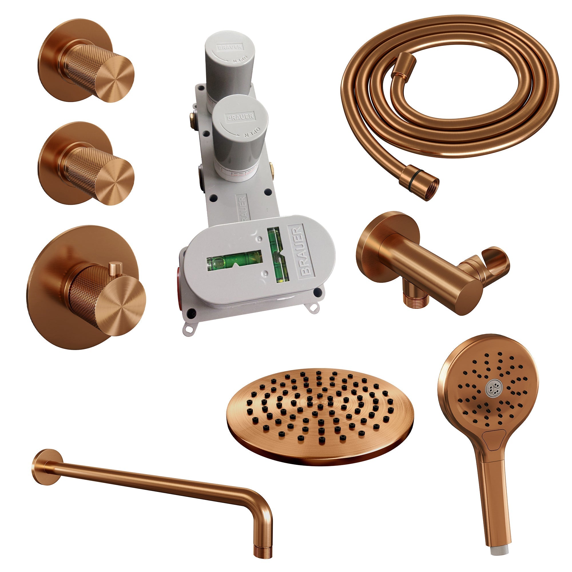 Brauer Carving thermostatische inbouw doucheset - hoofddouche 20cm - gebogen wandarm - 3 standen handdouche rond - Glijstang - Geborsteld Koper PVD