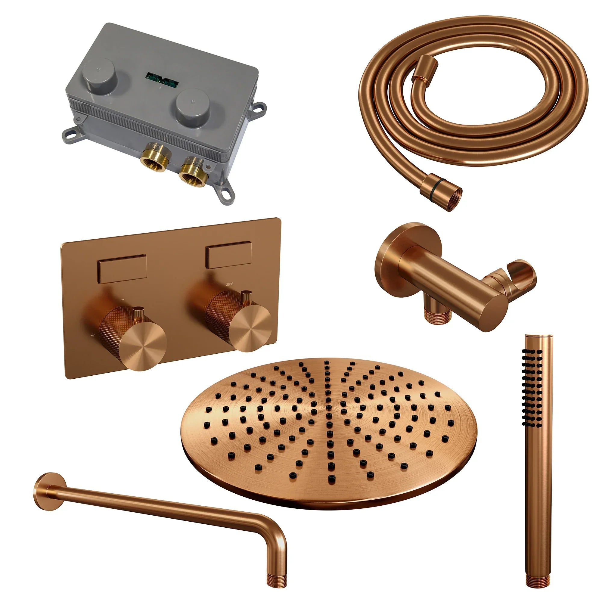 Brauer Carving inbouw doucheset - staafhanddouche - 30cm hoofdouche - gebogen wandarm - wandsteun - Geborsteld Koper PVD