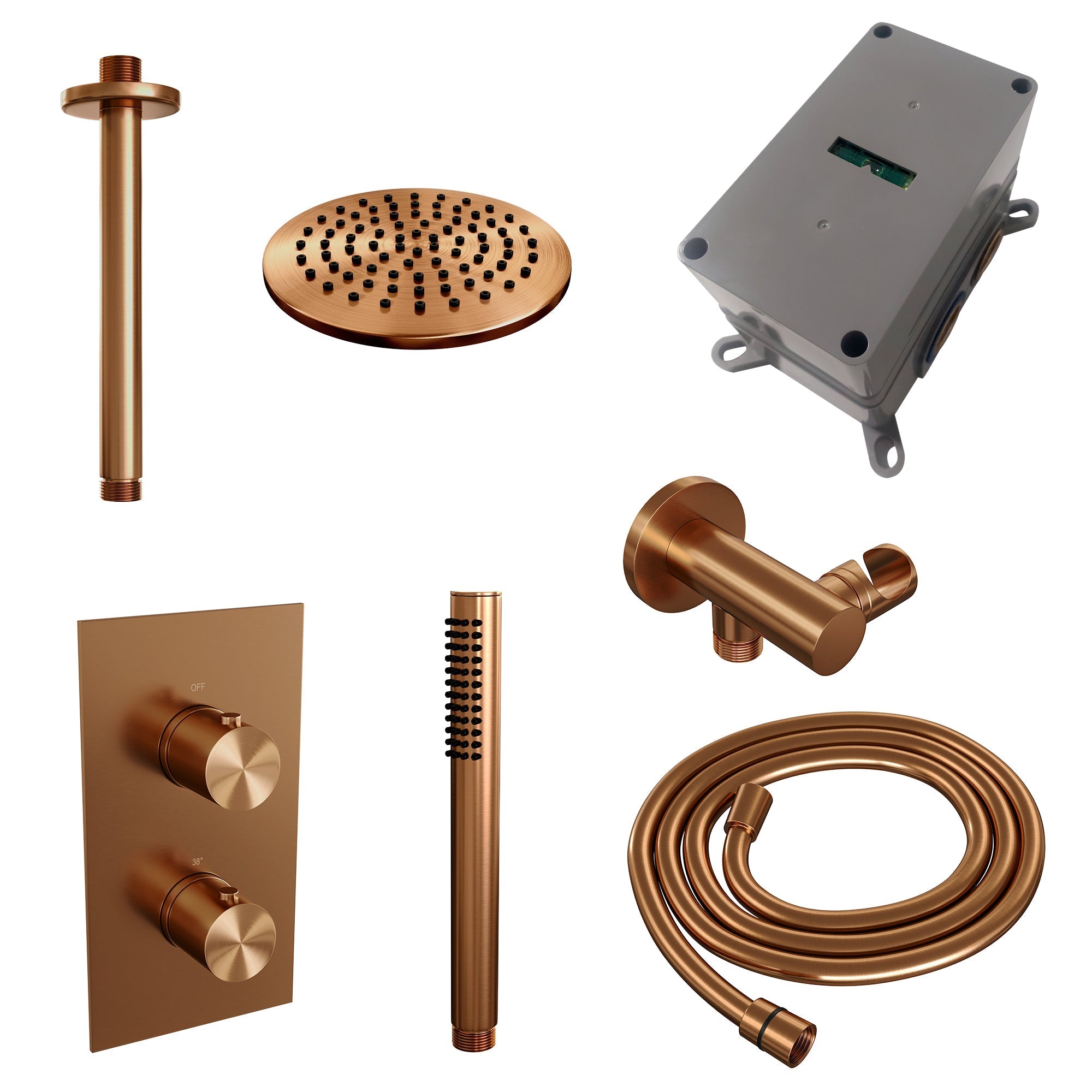 Brauer Edition inbouwset met 3-weg thermostaat - hoofddouche 30cm - plafondbuis 20cm - staafhanddouche - wandaansluiting - Geborsteld Koper PVD