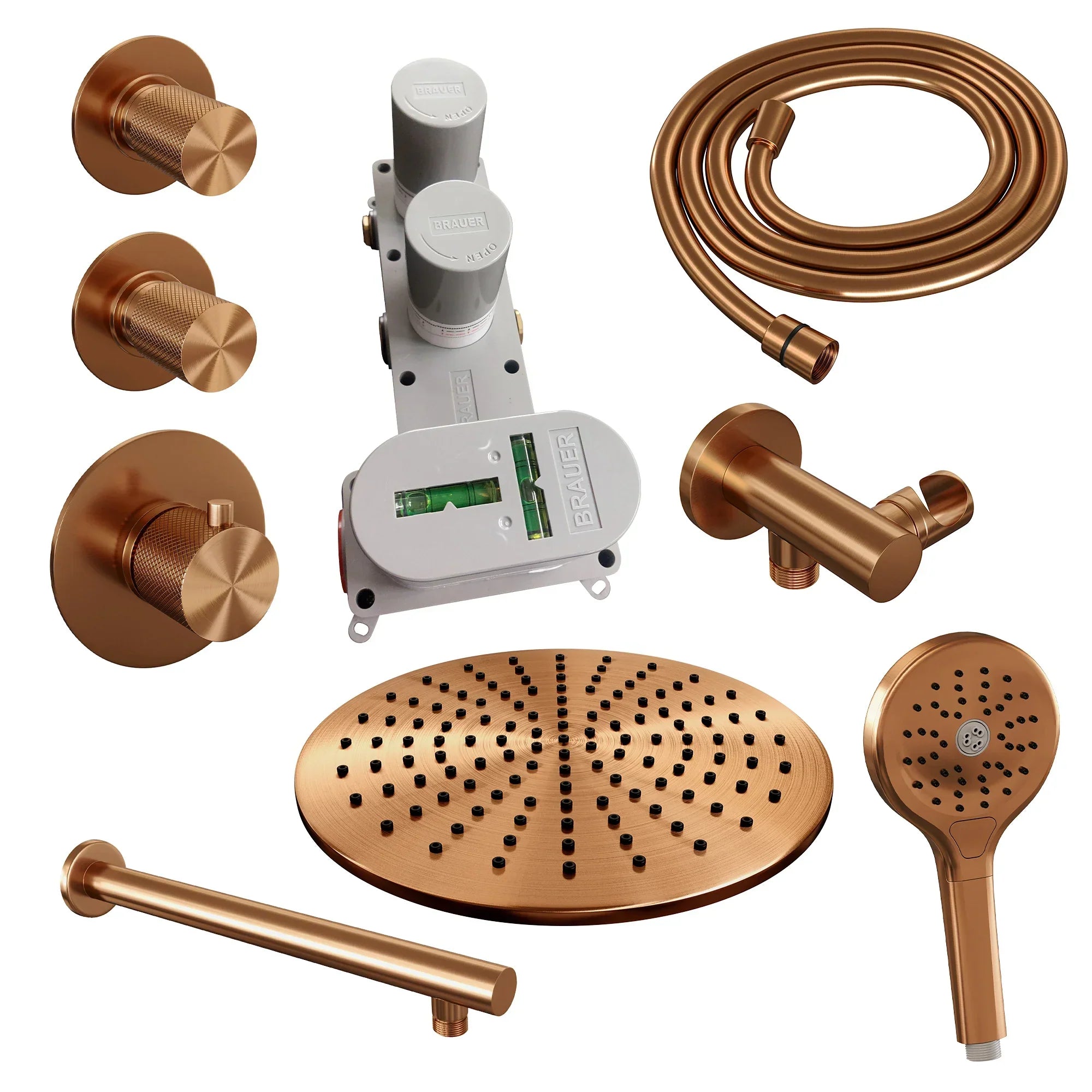Brauer Carving thermostatische inbouw doucheset - hoofddouche 30cm - rechte wandarm - 3 standen handdouche rond - Geborsteld Koper PVD