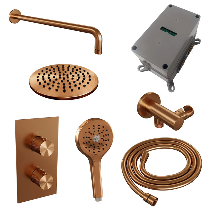 Brauer Carving inbouwset met 3-weg thermostaat - hoofddouche 20cm - gebogen wandarm 40cm - ronde 3-standen handdouche - wandaansluiting - Geborsteld Koper PVD