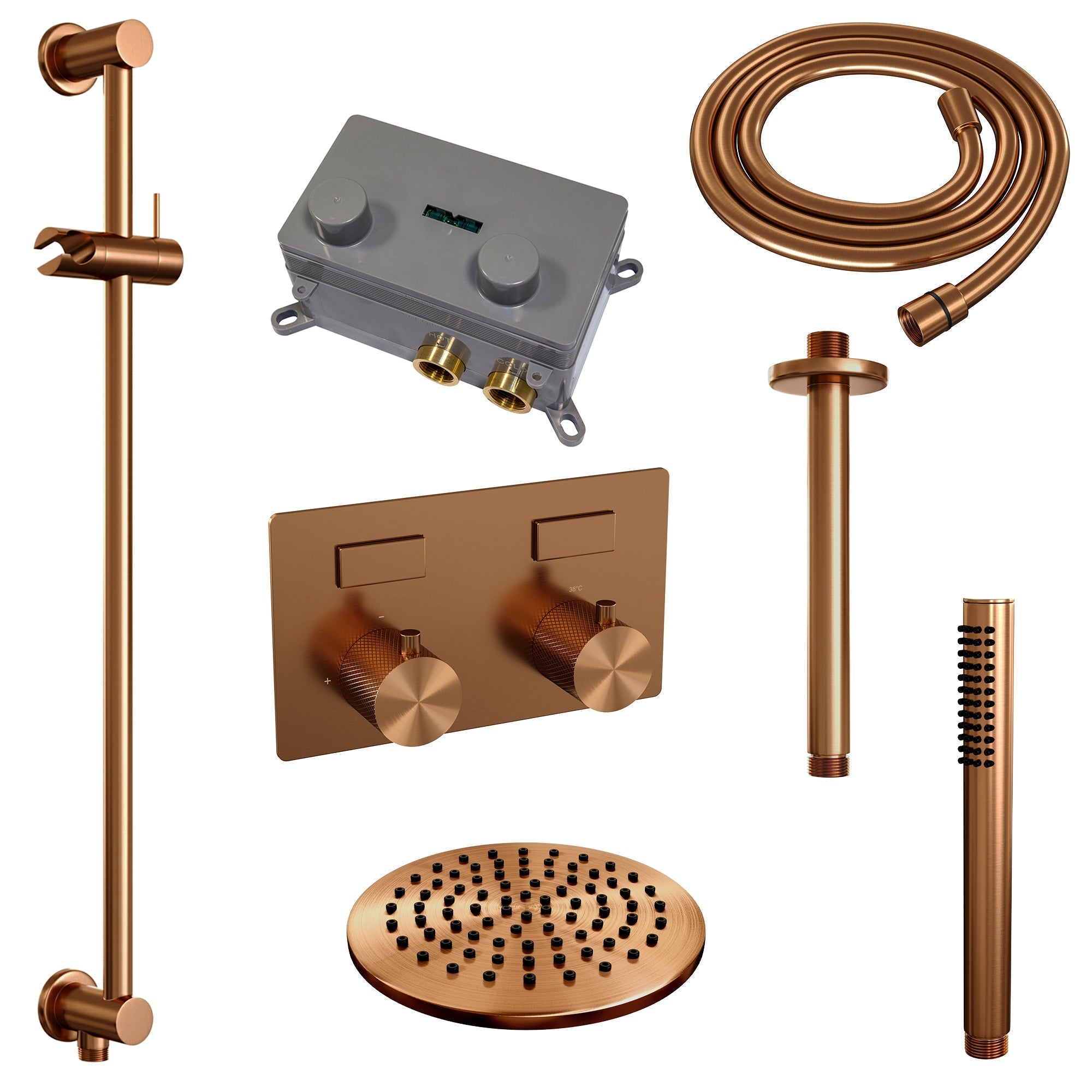 Brauer Carving inbouw doucheset - staafhanddouche - 20cm hoofdouche - plafondbuis - glijstang - Geborsteld Koper PVD