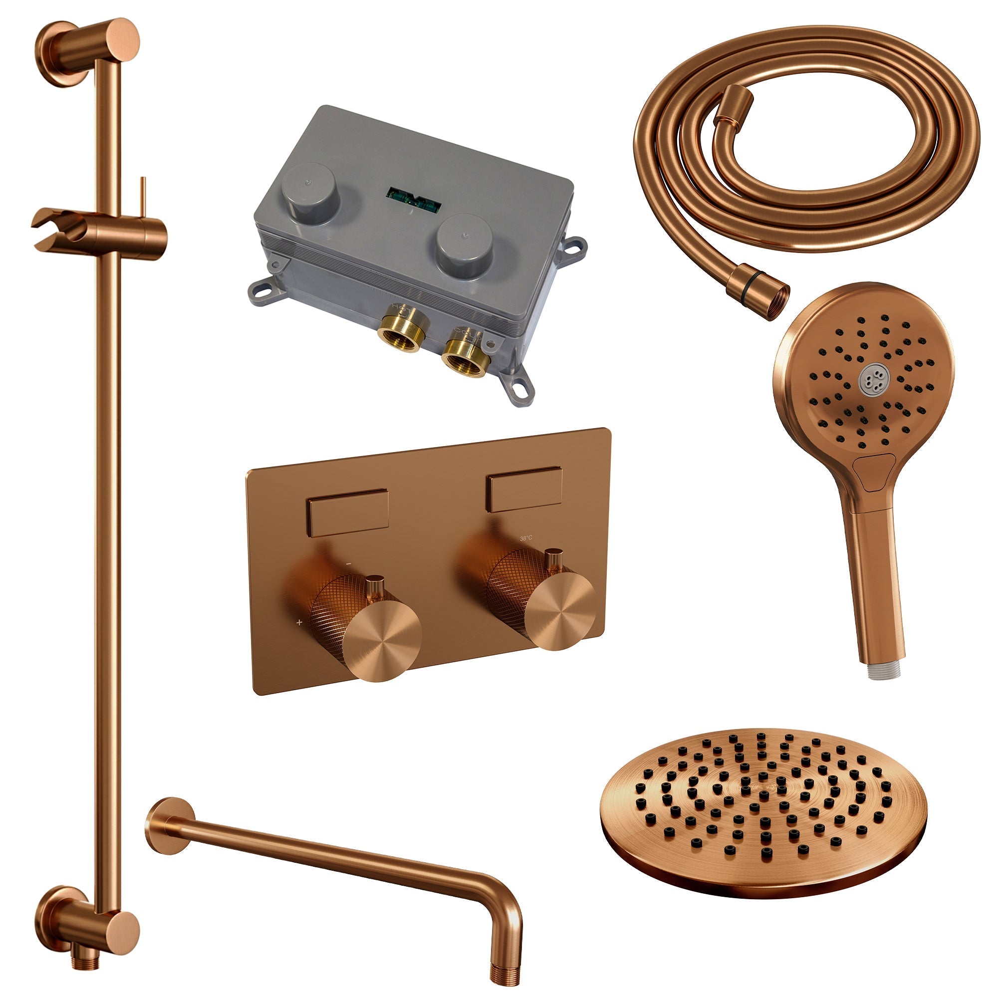 Brauer Carving inbouw doucheset - ronde handdouche - 20cm hoofdouche - gebogen wandarm - glijstang - Geborsteld Koper PVD