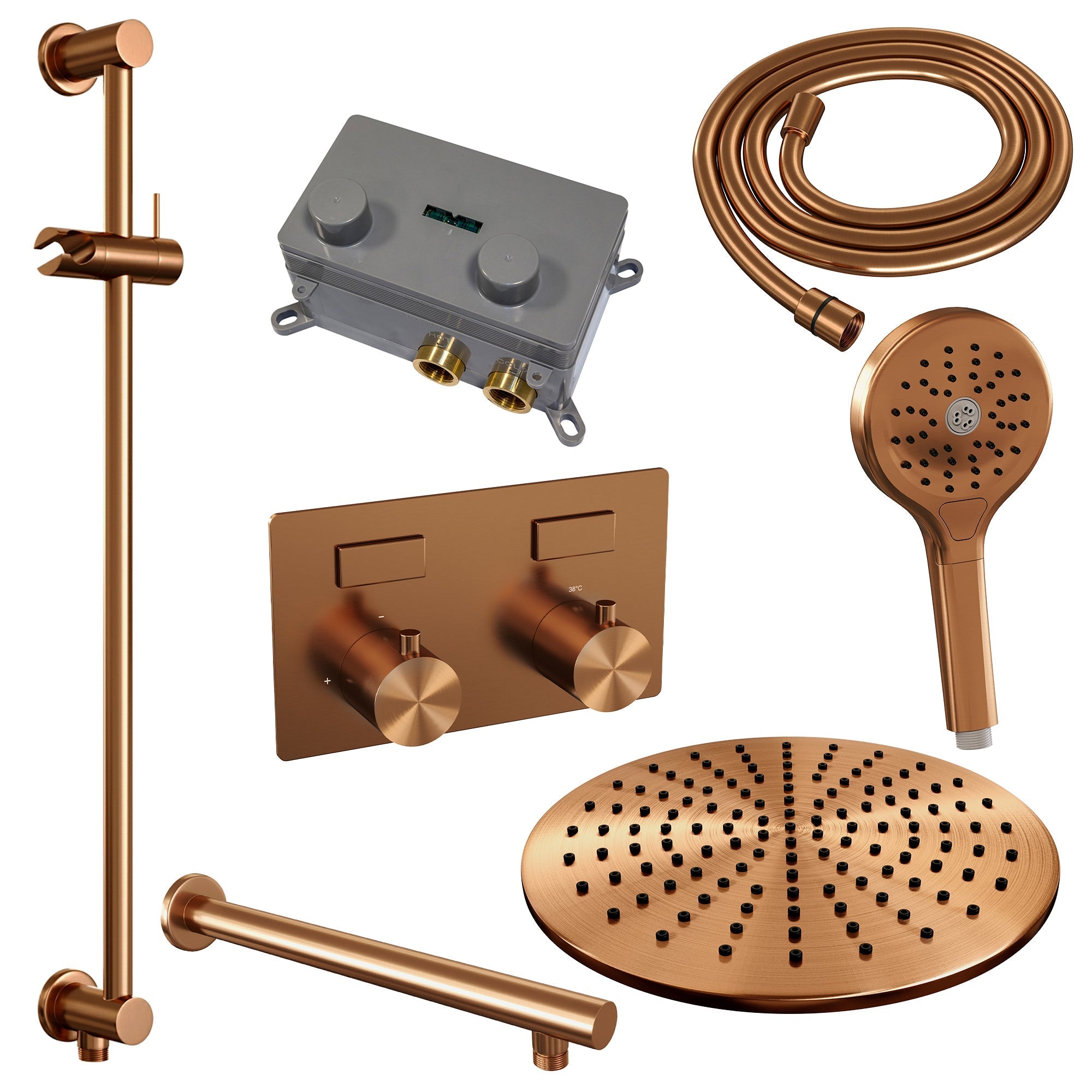 Brauer Edition inbouw doucheset - ronde handdouche - 30cm hoofdouche - rechte wandarm - glijstang - Geborsteld Koper PVD