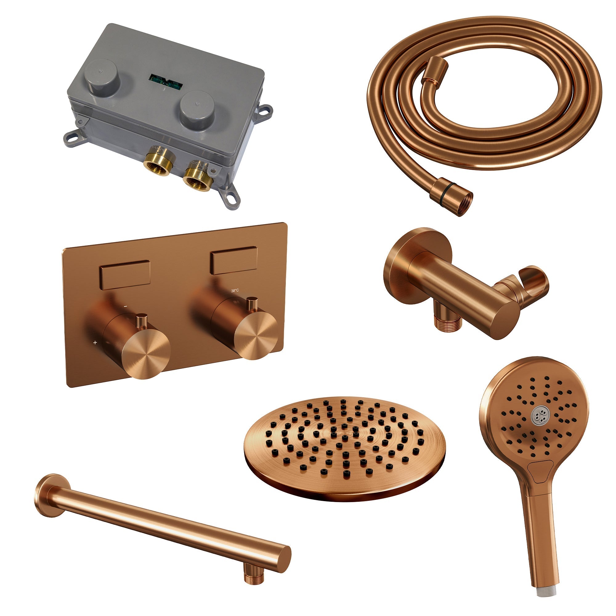 Brauer Edition inbouw doucheset - ronde handdouche - 20cm hoofdouche - rechte wandarm - wandsteun - Geborsteld Koper PVD
