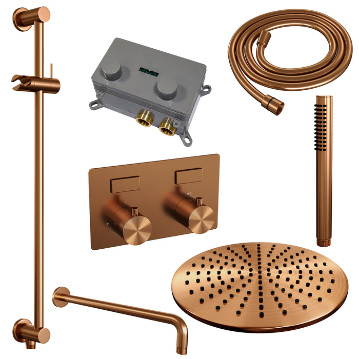 Brauer Gold Edition thermostatische inbouw regendouche met drukknoppen SET 64 met 30 cm douchekop en gebogen muurarm en staaf handdouche en doucheslang en geïntegreerde glijstang Geborsteld Goud PVD -  5-GG-175
