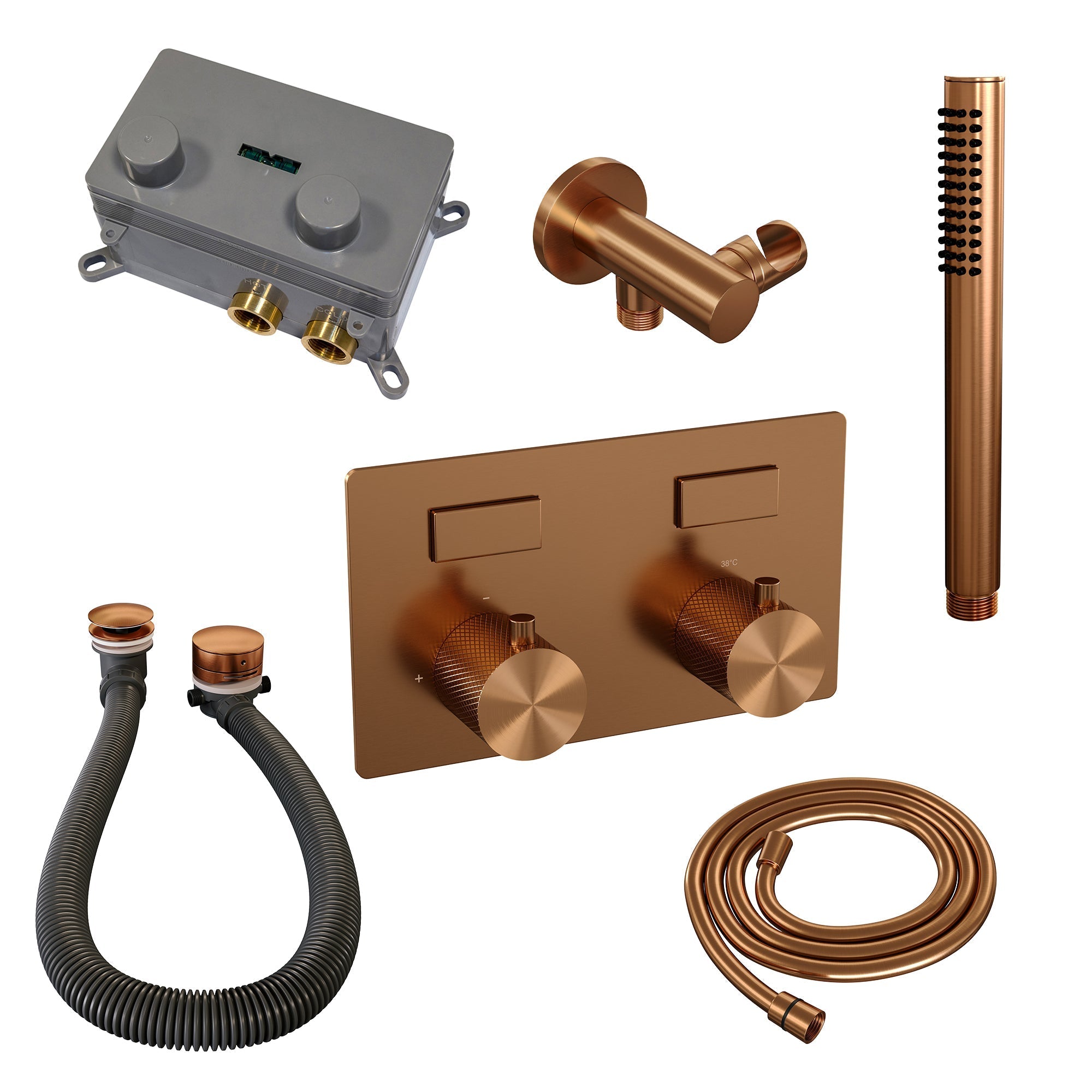 Brauer Carving inbouw badthermostaat - drukknoppen - badafvoer/vulcombinatie - staafhanddouche - Geborsteld Koper PVD