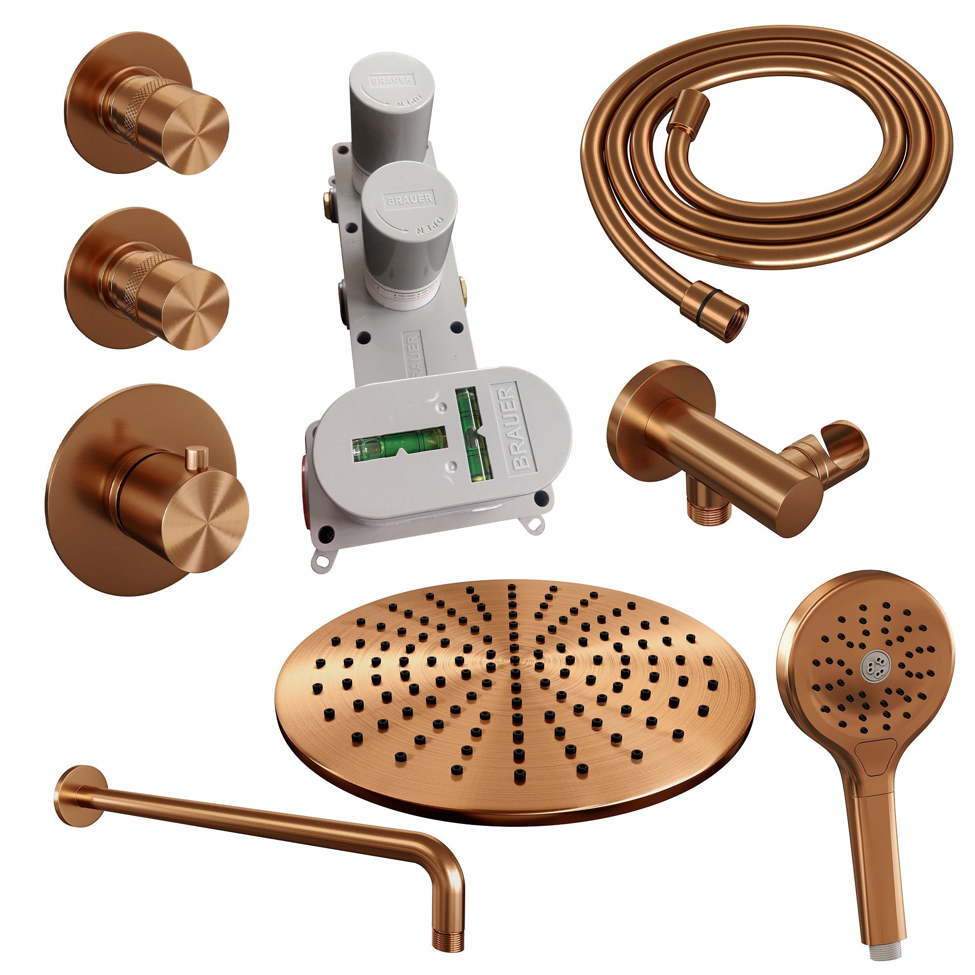 Brauer Edition thermostatische inbouw doucheset - hoofddouche 30cm - wandarm gebogen - staafhanddouche - Glijstang - Geborsteld Koper PVD