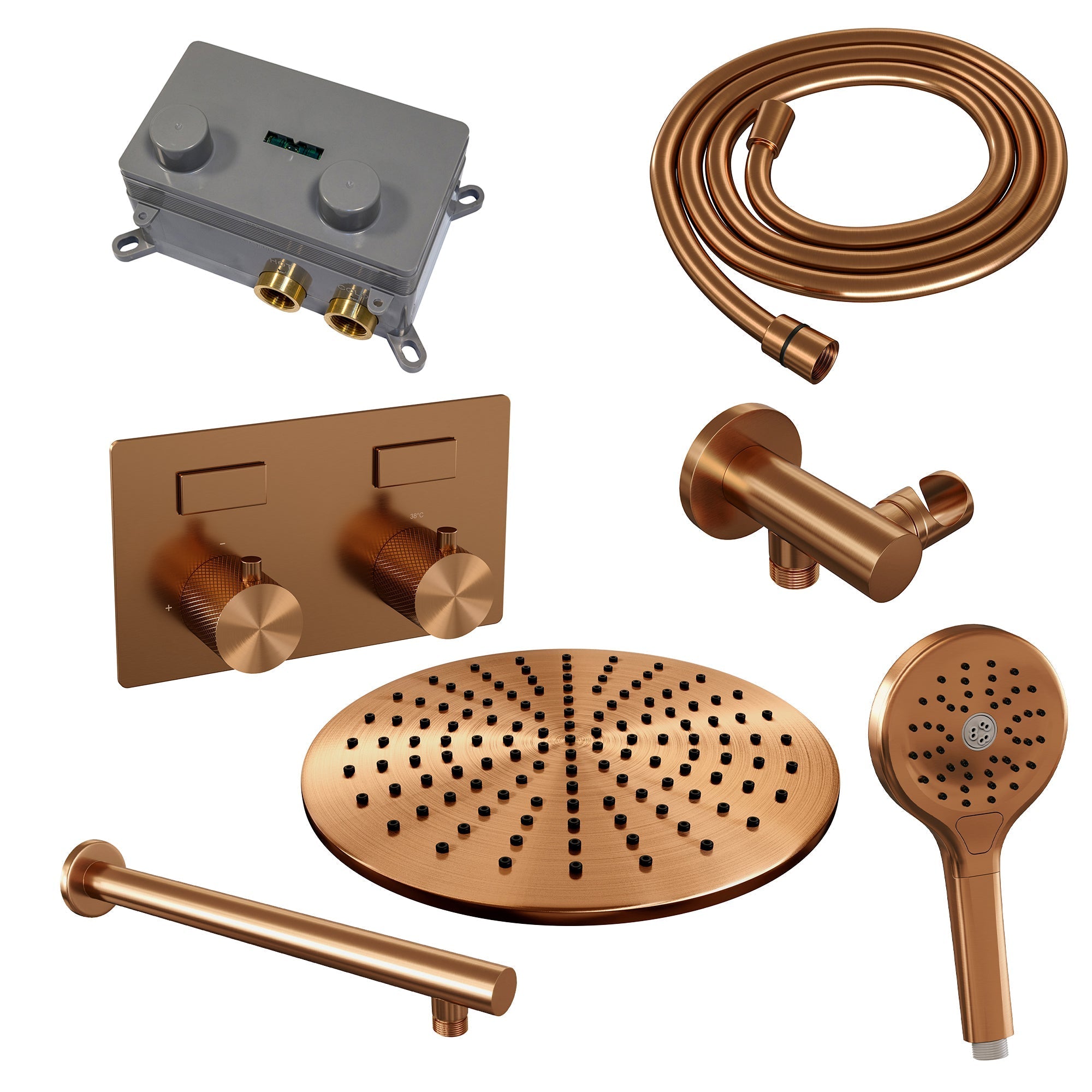 Brauer Carving inbouw doucheset - ronde handdouche - 30cm hoofdouche - rechte wandarm - wandsteun - Geborsteld Koper PVD