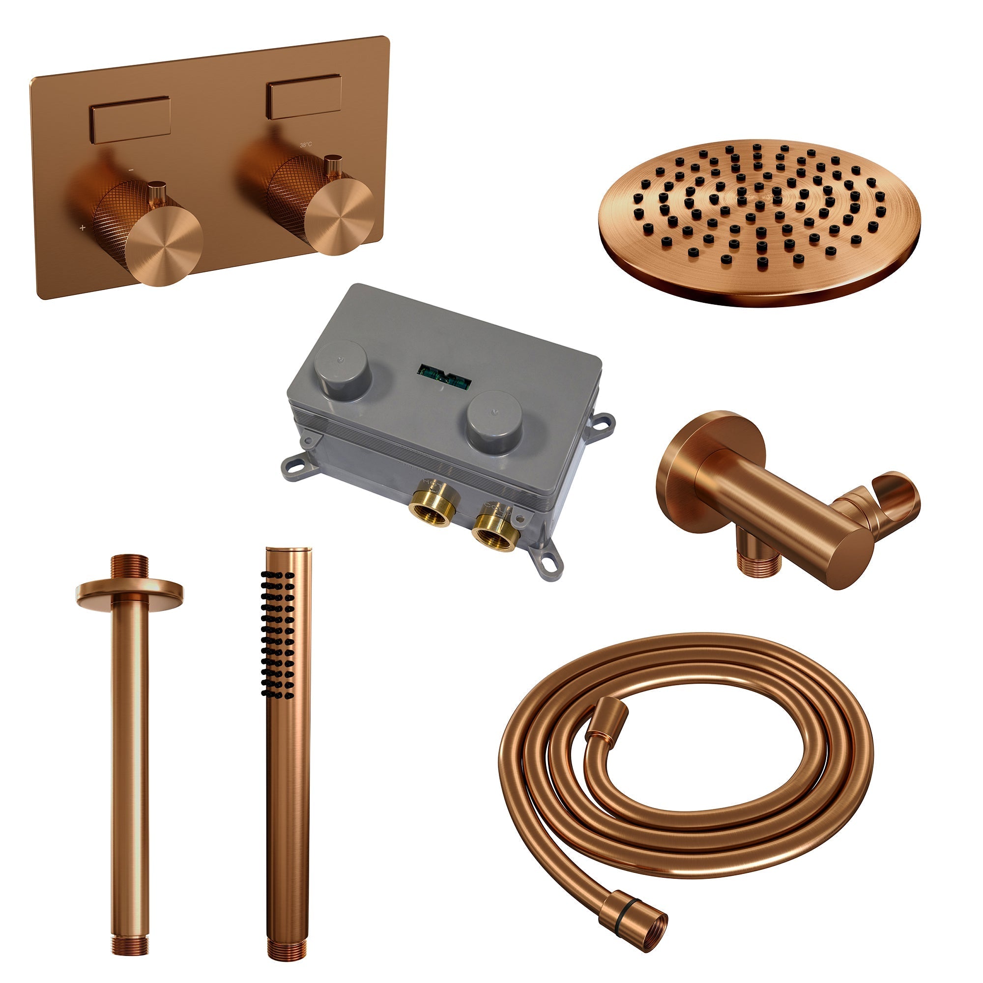 Brauer Carving inbouw doucheset - staafhanddouche - 20cm hoofdouche - plafondbuis - wandsteun - Geborsteld Koper PVD