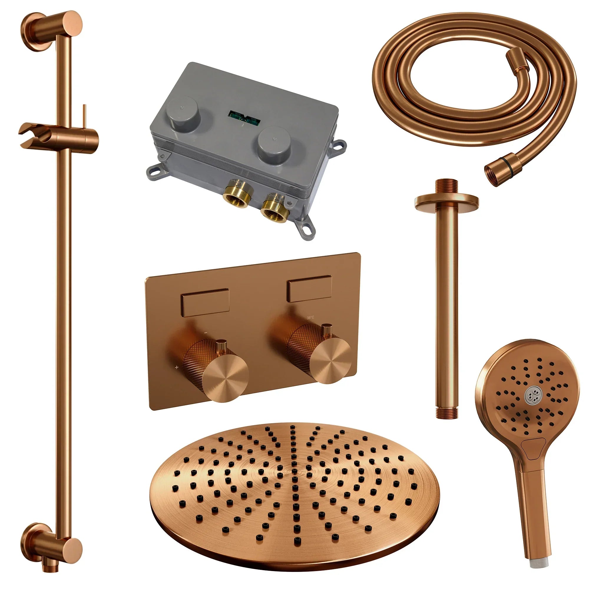 Brauer Carving inbouw doucheset - ronde handdouche - 30cm hoofdouche - plafondbuis - glijstang - Geborsteld Koper PVD