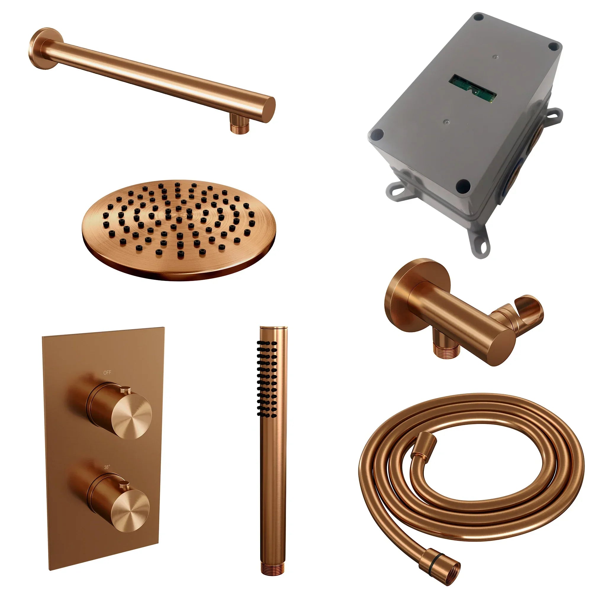 Brauer Edition inbouwset met 3-weg thermostaat - hoofddouche 20cm - rechte wandarm 40cm - staafhanddouche - wandaansluiting - Geborsteld Koper PVD