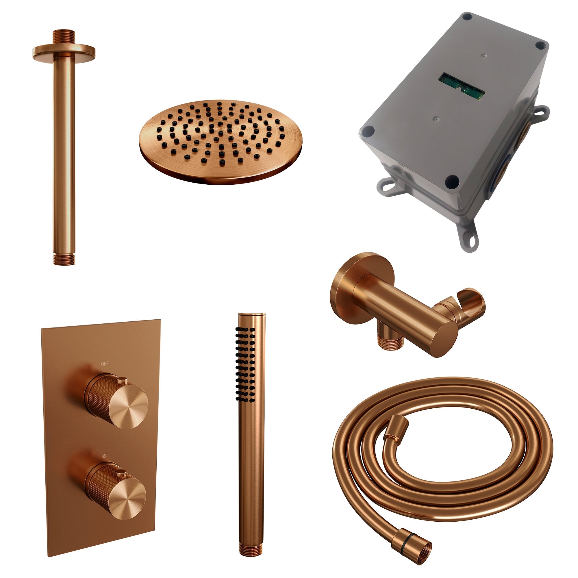 Brauer Carving inbouwset met 3-weg thermostaat - hoofddouche 30cm - plafondbuis 20cm - staafhanddouche - wandaansluiting - Geborsteld Koper PVD