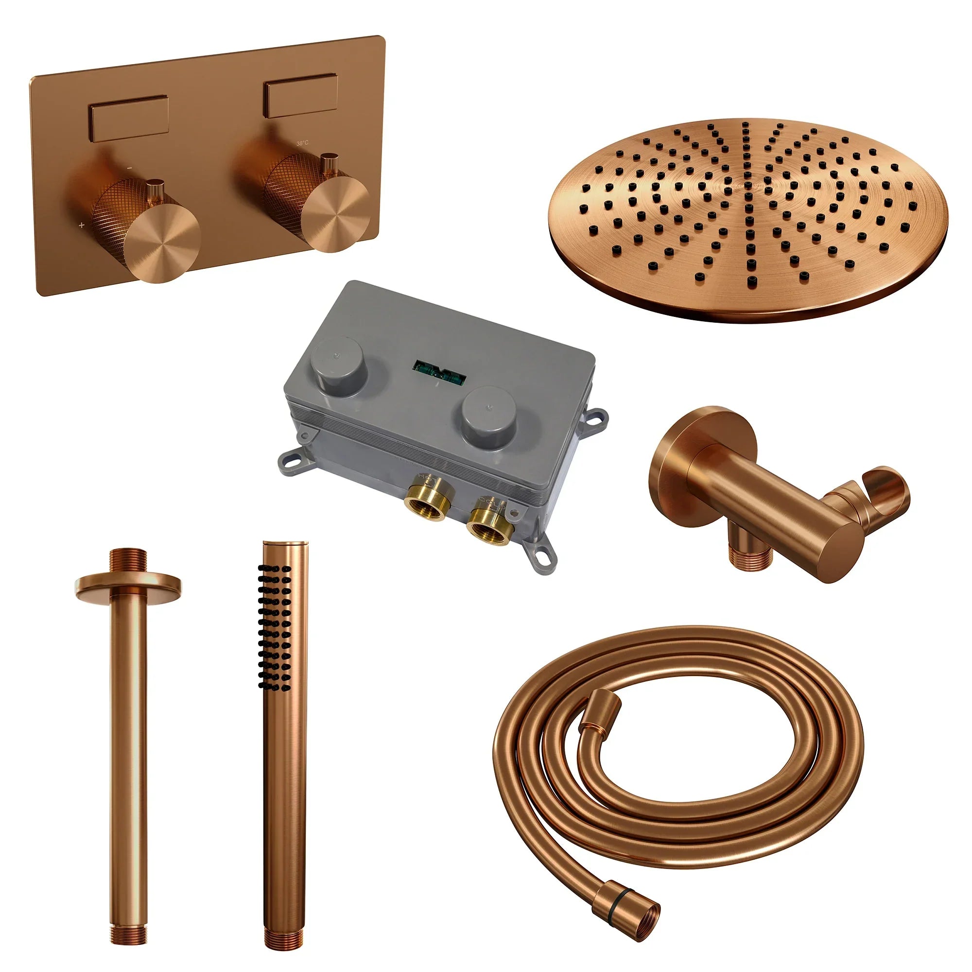 Brauer Carving inbouw doucheset - staafhanddouche - 30cm hoofdouche - plafondbuis - wandsteun - Geborsteld Koper PVD