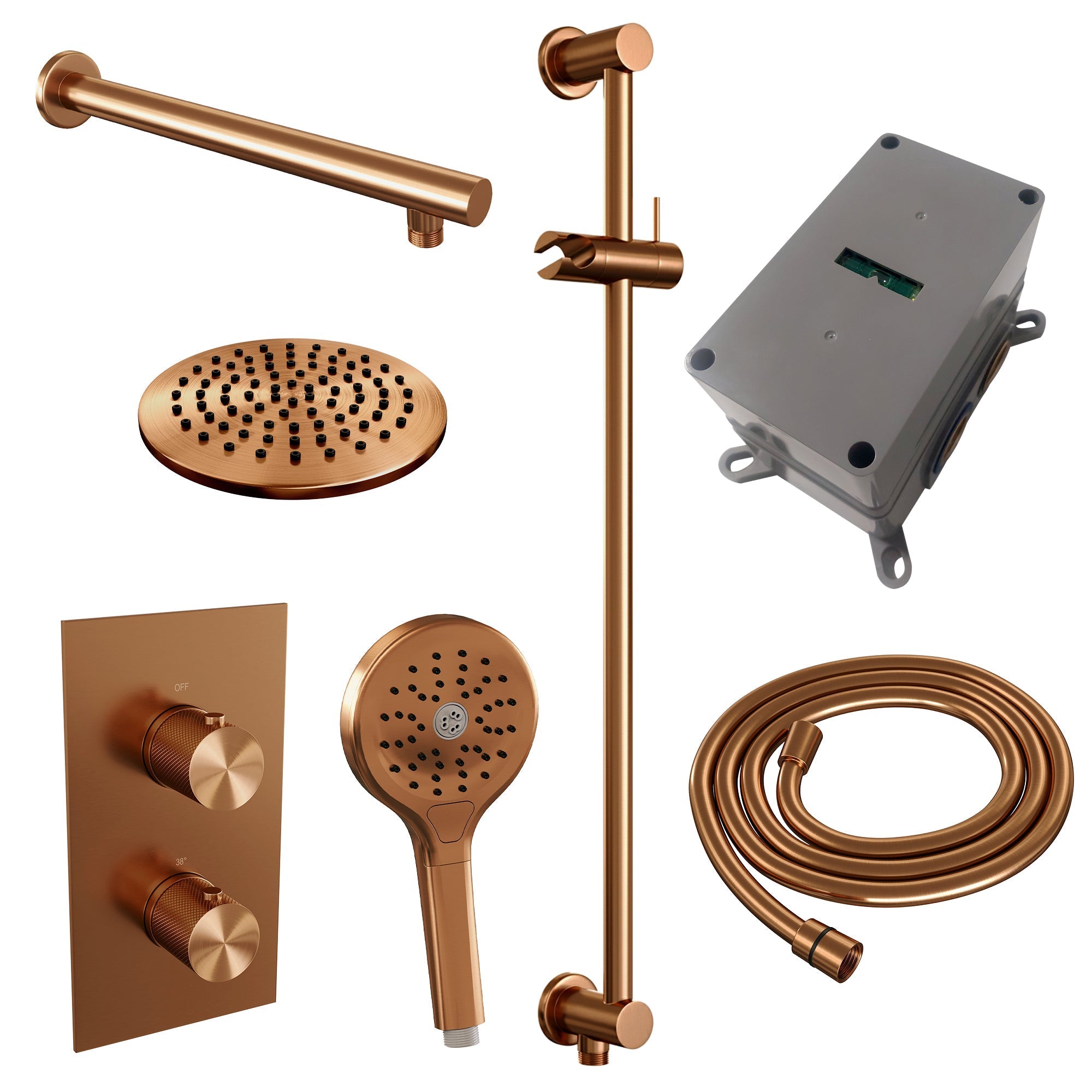 Brauer Carving inbouwset met 3-weg thermostaat - hoofddouche 20cm - rechte wandarm 40cm - ronde 3-standen handdouche - wandaansluiting - Geborsteld Koper PVD