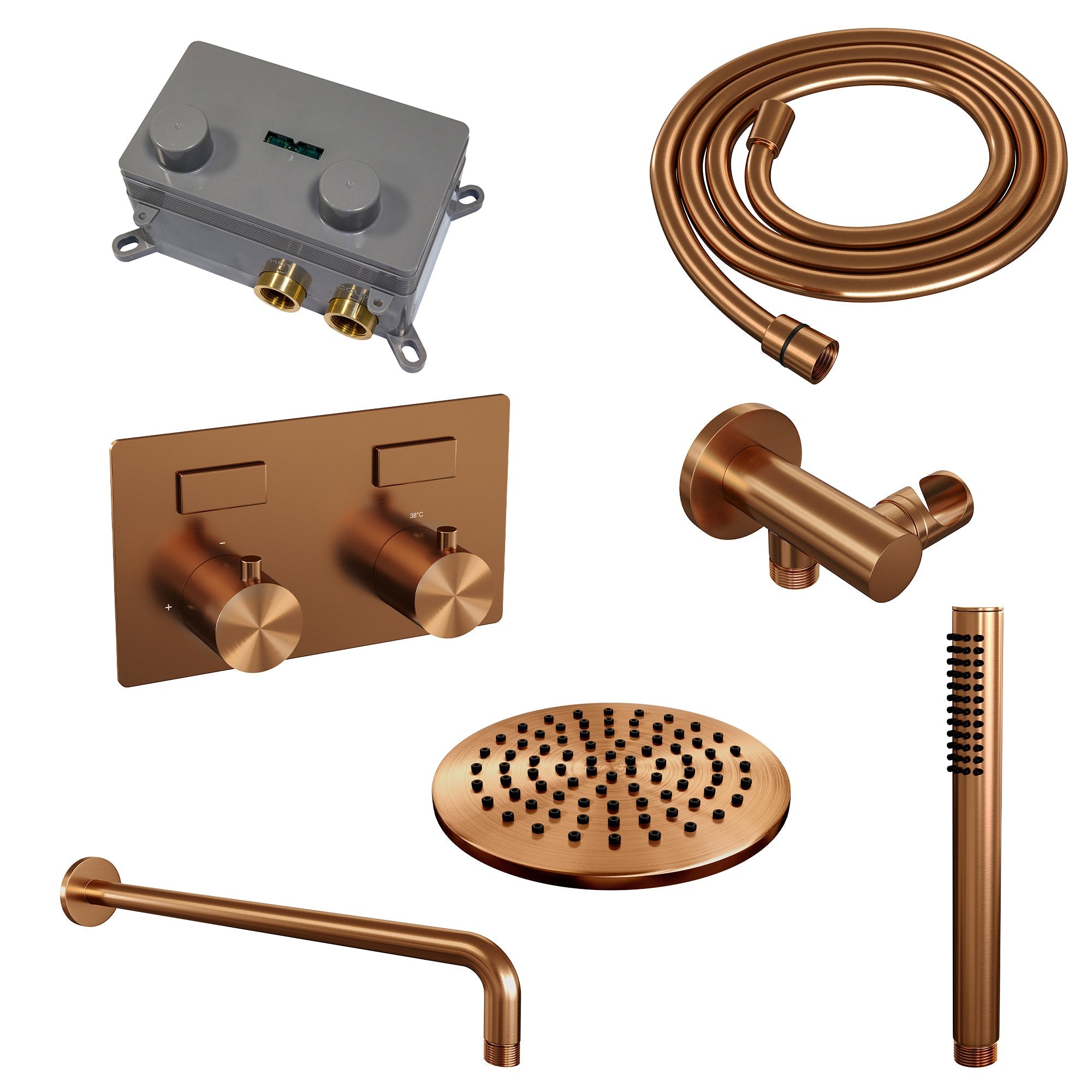 Brauer Edition inbouw doucheset - staafhanddouche - 30cm hoofdouche - rechte wandarm - wandsteun - Geborsteld Koper PVD