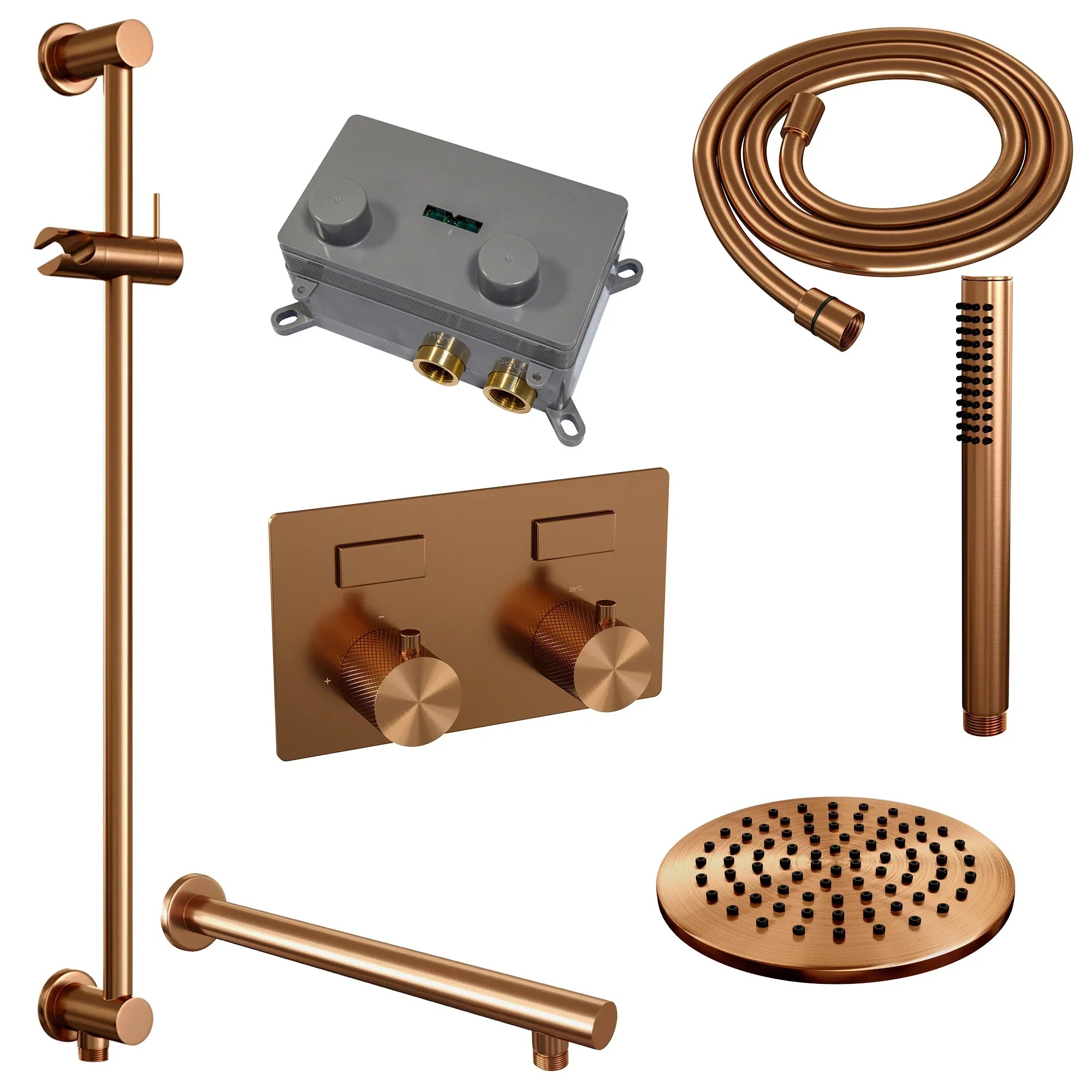 Brauer Carving inbouw doucheset - staafhanddouche - 30cm hoofdouche - rechte wandarm - glijstang - Geborsteld Koper PVD