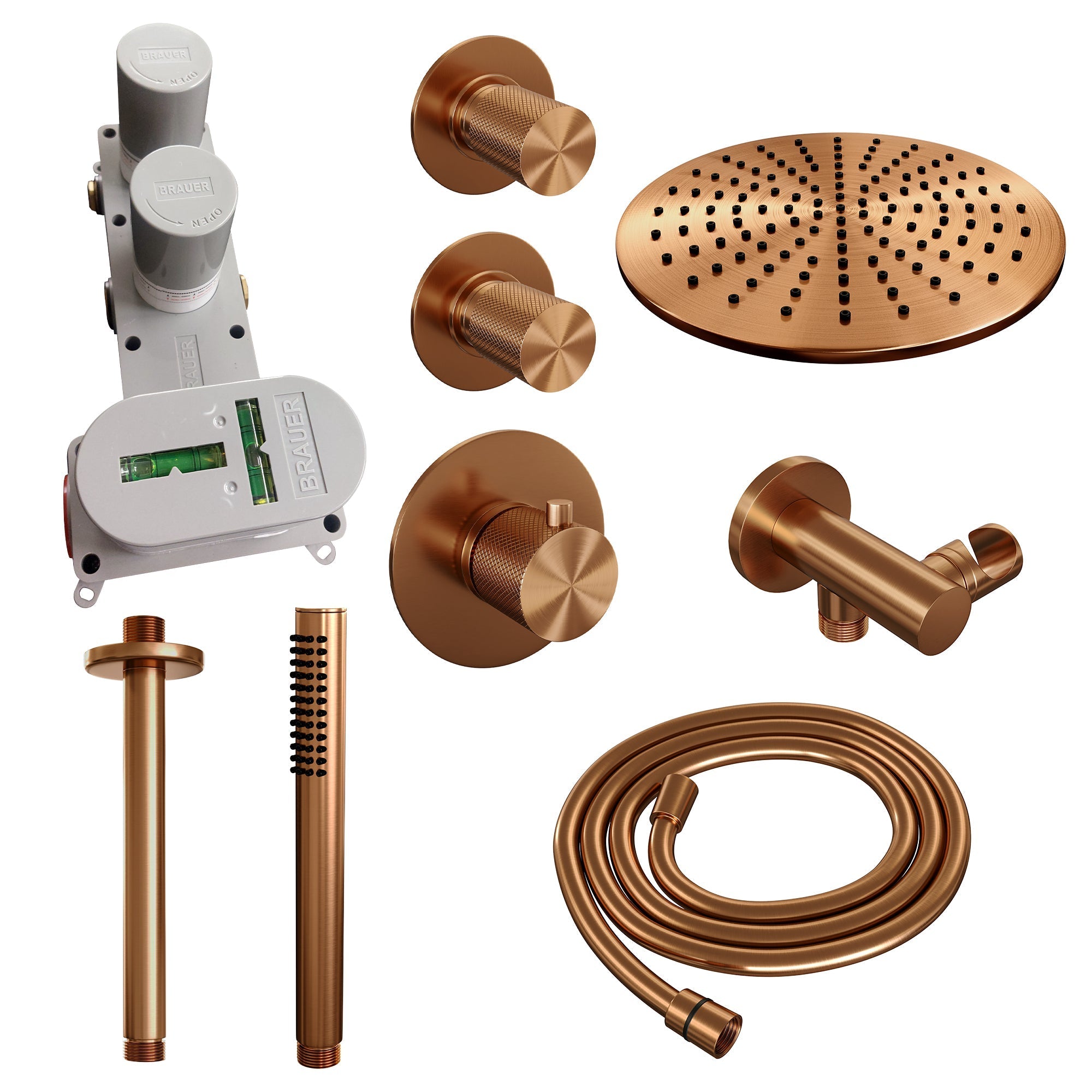 Brauer Carving thermostatische inbouw doucheset - hoofddouche 30cm - plafondbuis - staafhanddouche - Geborsteld Koper PVD