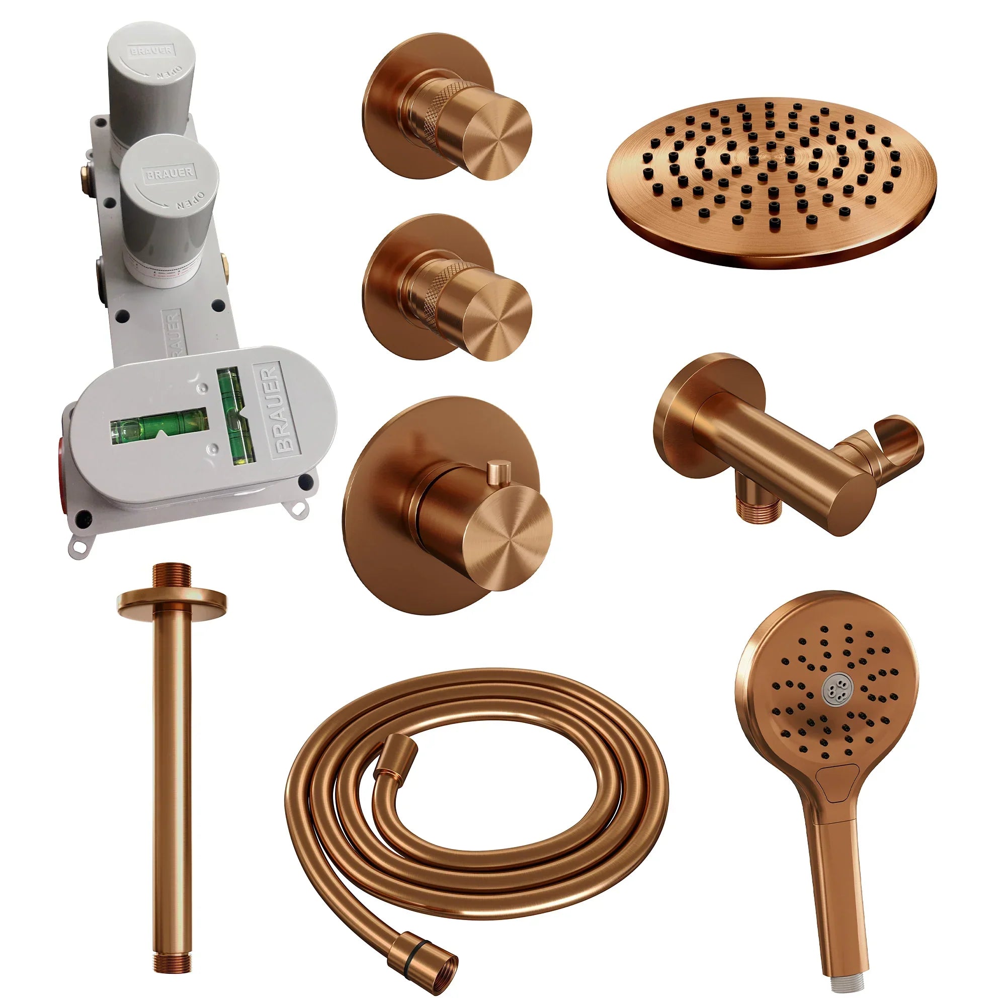 Brauer Edition thermostatische inbouw doucheset - Geborsteld Koper PVD - hoofddouche 20cm - plafondsteun - ronde handdouche