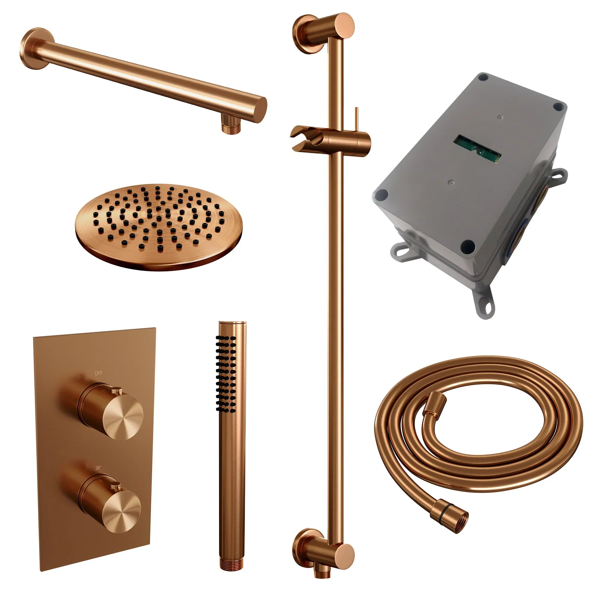 Brauer Edition inbouwset met 3-weg thermostaat - hoofddouche 20cm - rechte wandarm 40cm - staafhanddouche - glijstang met aansluitbocht - Geborsteld Koper PVD