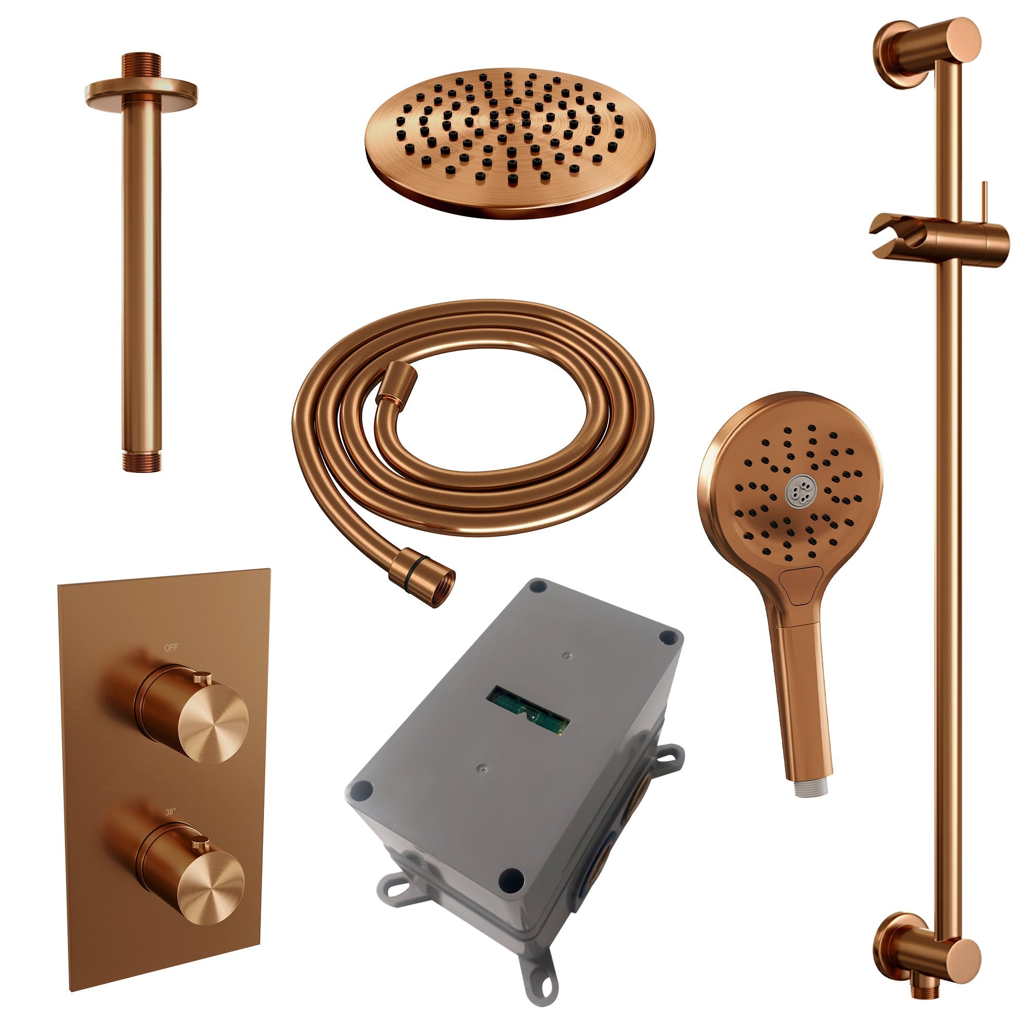 Brauer Edition inbouwset met 3-weg thermostaat - hoofddouche 20cm - plafondbuis 20cm - ronde 3-standen handdouche - glijstang met aansluitbocht - Geborsteld Koper PVD
