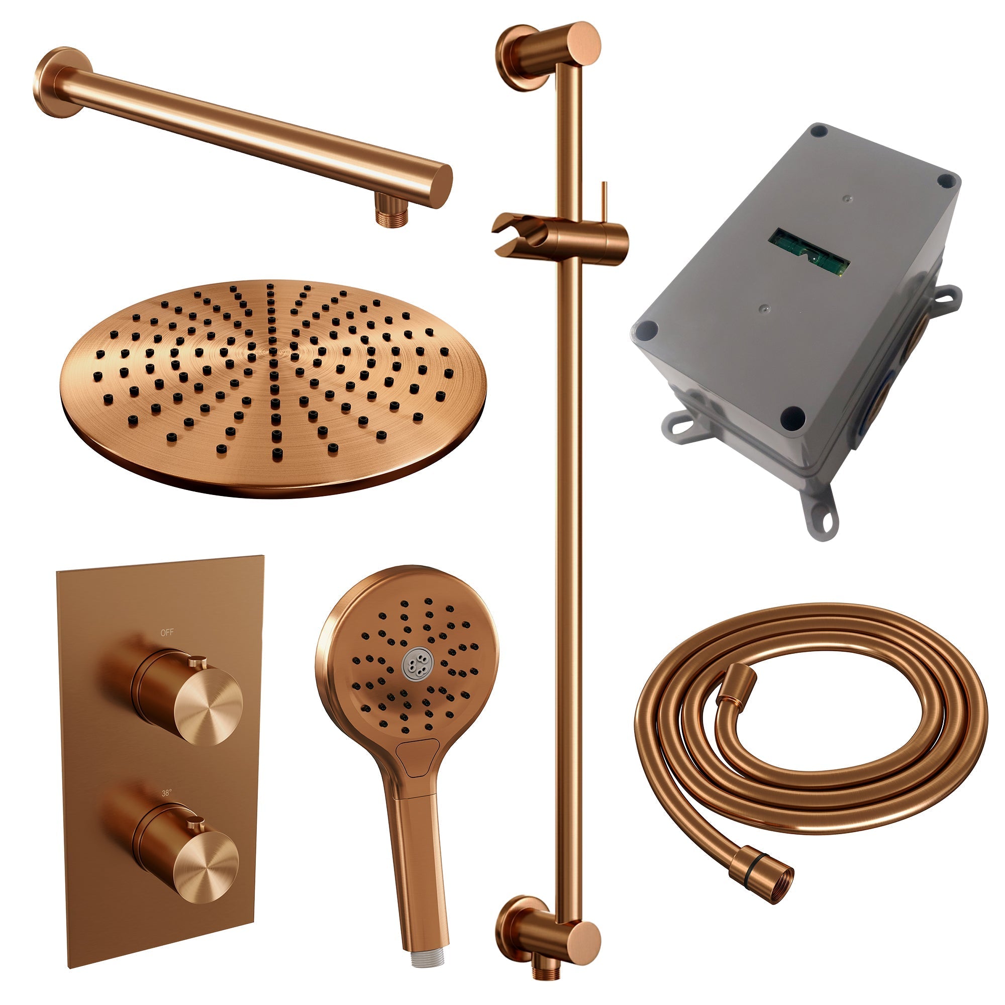 Brauer Edition inbouwset met 3-weg thermostaat - hoofddouche 30cm - rechte wandarm 40cm - ronde 3-standen handdouche - wandaansluiting - Geborsteld Koper PVD