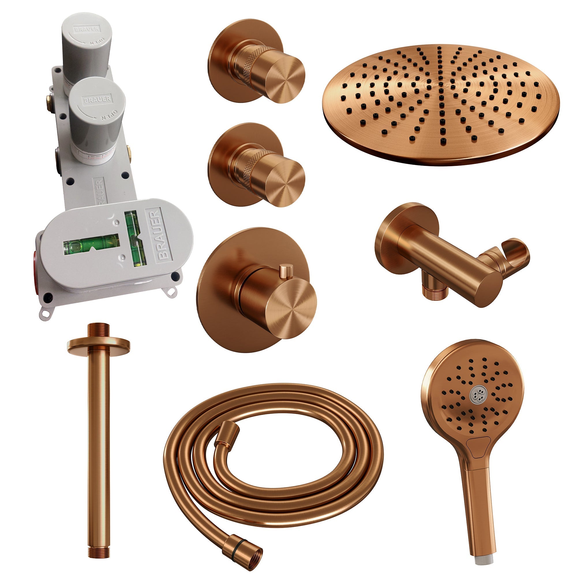 Brauer Edition thermostatische inbouw doucheset - Geborsteld Koper PVD - hoofddouche 30cm - plafondsteun - staafhanddouche