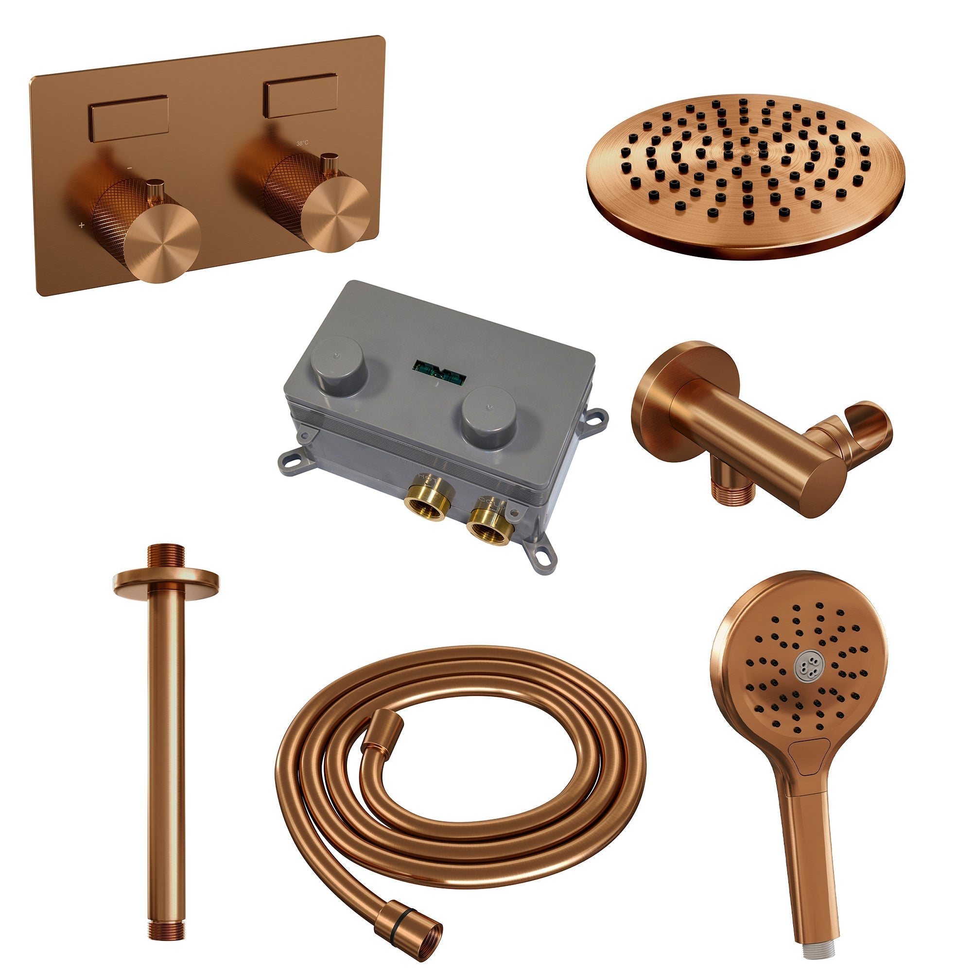 Brauer Carving inbouw doucheset - ronde handdouche - 20cm hoofdouche - plafondbuis - wandsteun - Geborsteld Koper PVD