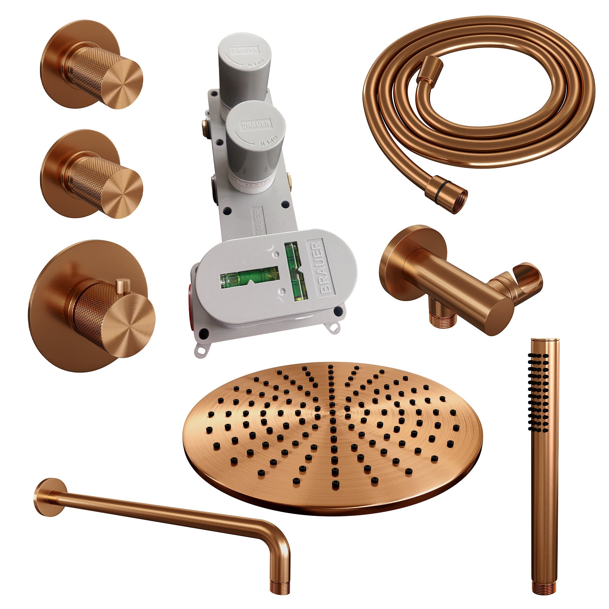 Brauer Carving thermostatische inbouw doucheset - hoofddouche 30cm - gebogen wandarm - staafhanddouche - Geborsteld Koper PVD