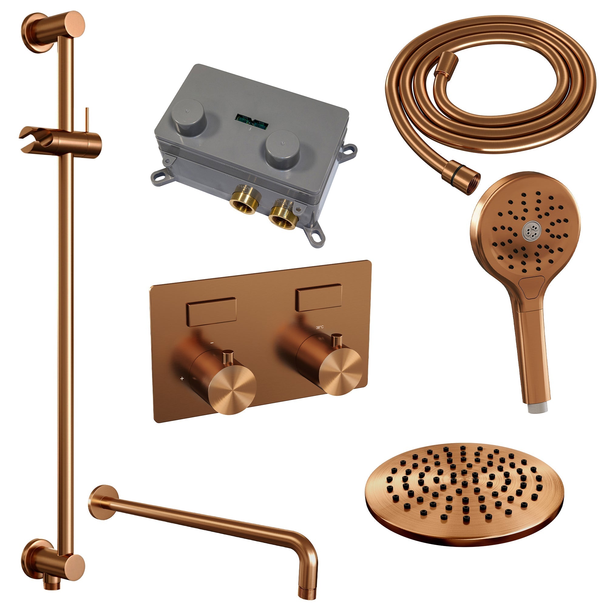 Brauer Edition inbouw doucheset - ronde handdouche - 20cm hoofdouche - gebogen wandarm - glijstang - Geborsteld Koper PVD